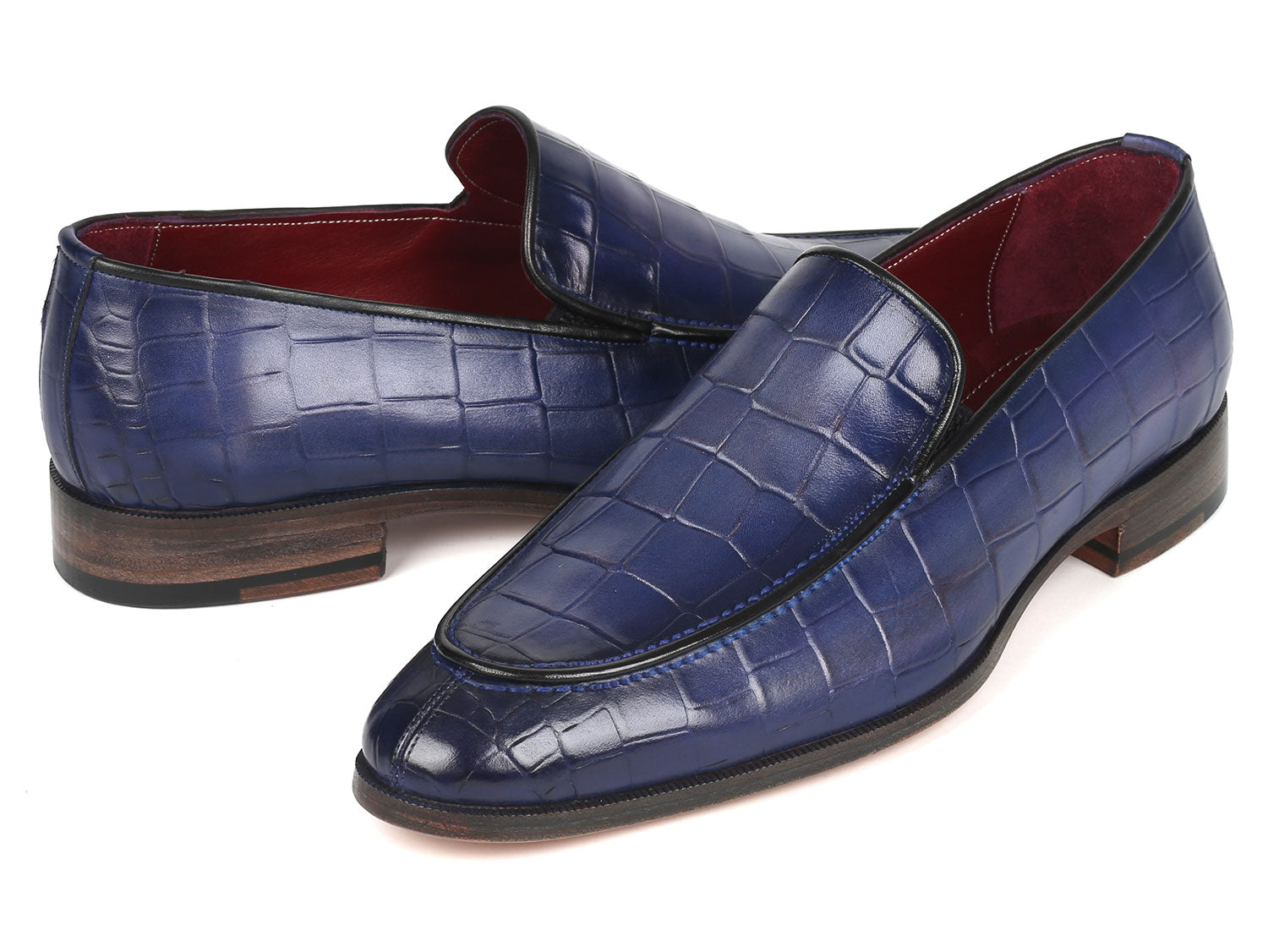 Introducing the Paul Parkman Croco Textured Leather Loafer in Blue (Model 7339-BLU), a luxurious pair of men's loafers made from hand-painted blue croco leather, complete with a low heel and eye-catching red interior lining.