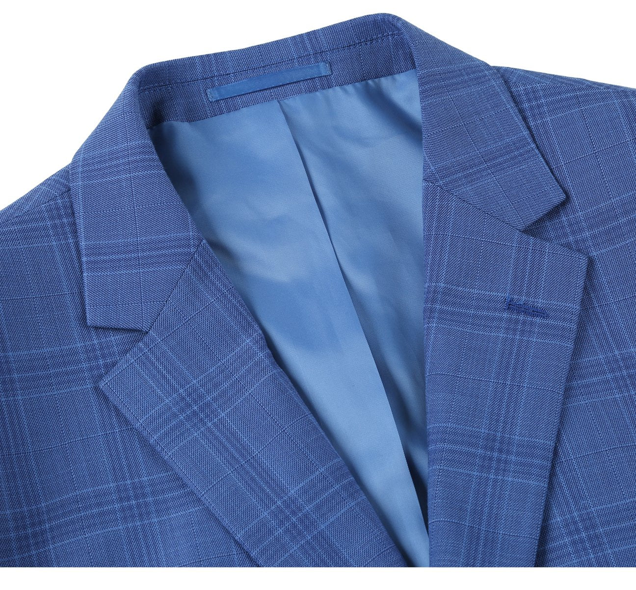 Displayed on a mannequin is the Alessandro Vitello by Renoir Blue 2-Piece Slim Fit Windowpane Check Dress Stretch Suit, model 293-10, complemented by a white dress shirt and a blue striped tie. Ideal for special occasions, this outfit seamlessly blends style and elegance.