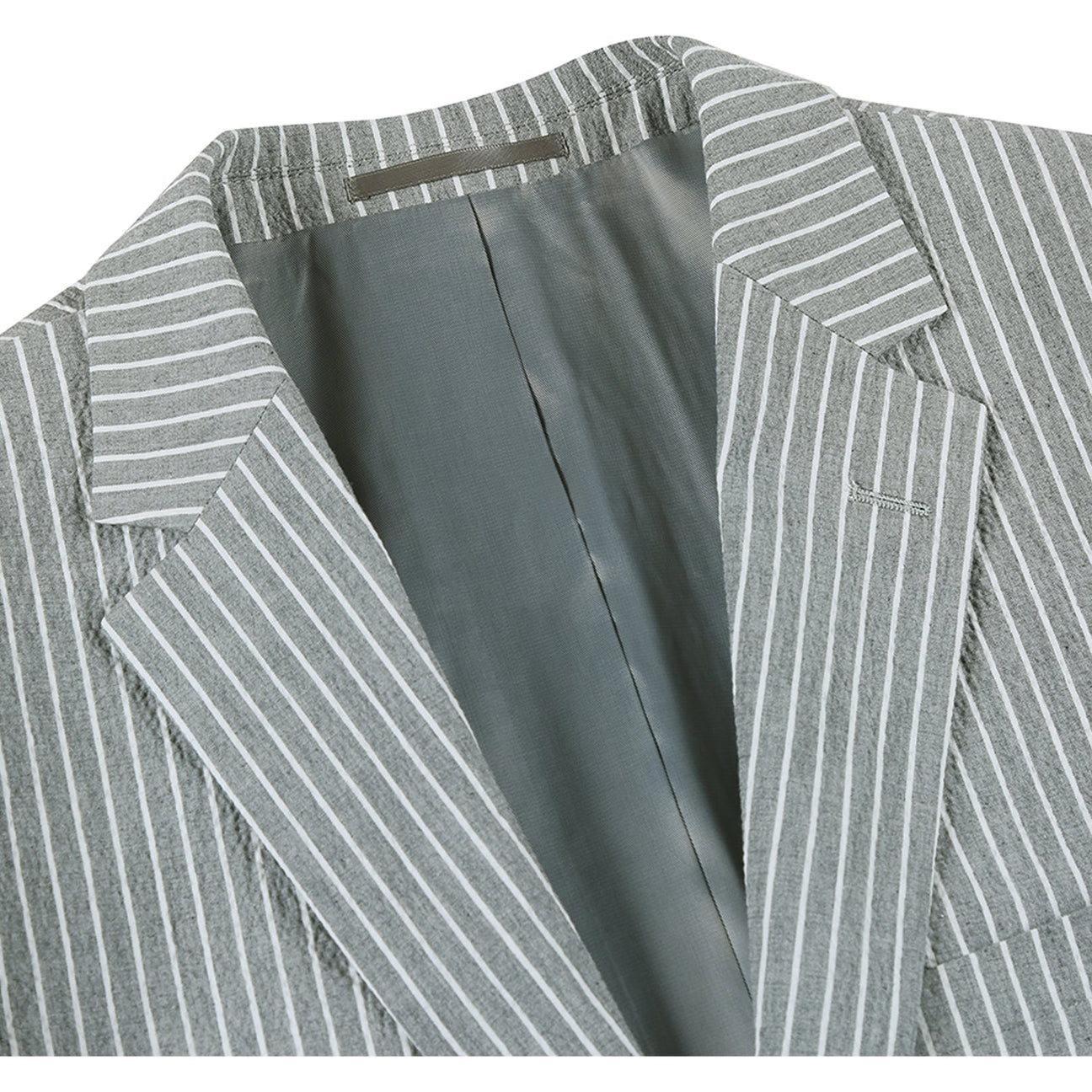 Dressed on a mannequin, the Alessandro Vitello by Renoir Gray Slim Fit Notch Lapels Stripe Cotton Suit 611-1, crafted from cotton spandex, features a stylish gray pinstriped single-breasted jacket paired elegantly with a crisp white dress shirt and a maroon dotted tie.