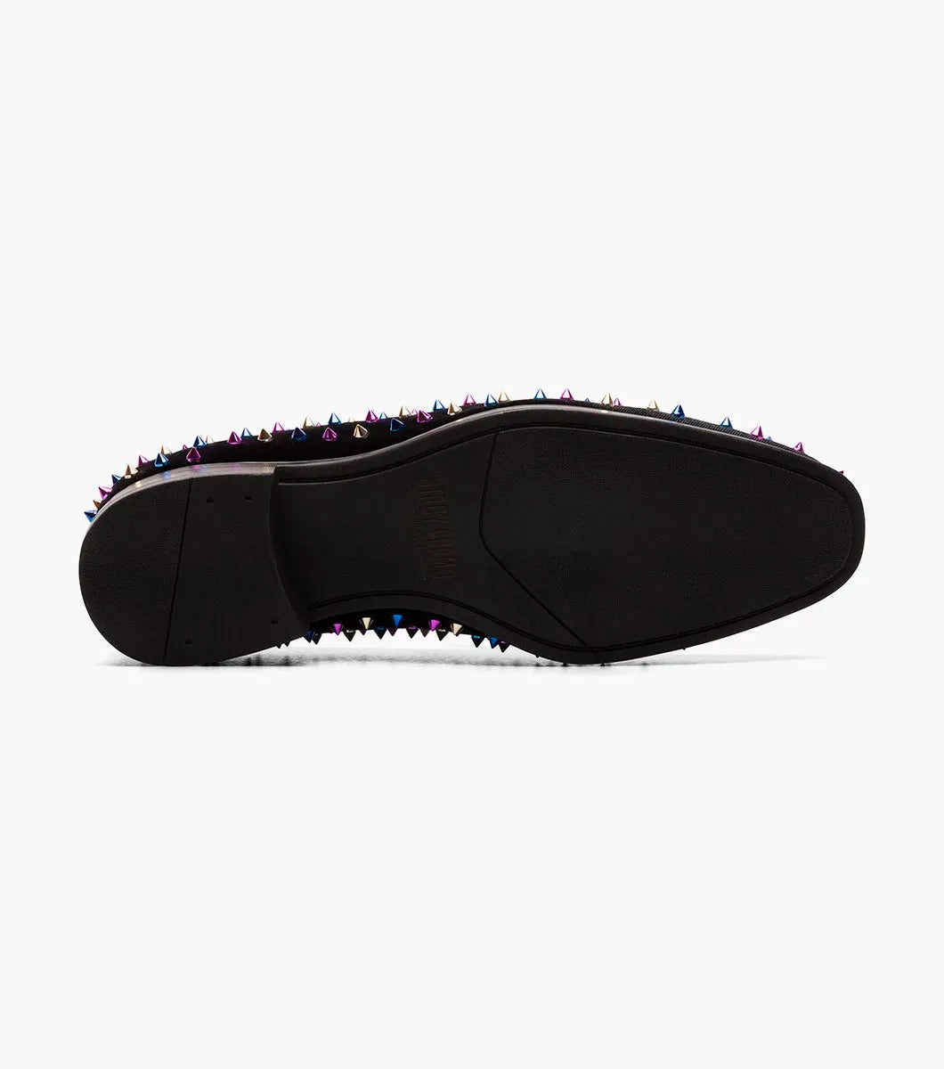 Discover the bold design of the Stacy Adams SPIRE Spiked Slip On in Black/Blue (25532-966). This shoe from STACY ADAMS features vibrant multicolored spikes, a comfortable memory foam insole, and a durable textile upper, seamlessly blending style with practicality.