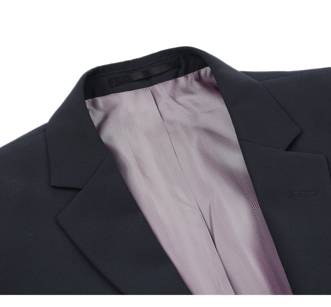 Introducing the Alessandro Vitello by Renoir, a dark navy wool suit featuring a two-button jacket with a notch lapel and light pink lining, accompanied by matching straight-leg trousers. This 2-piece slim fit ensemble artfully blends style with comfort.