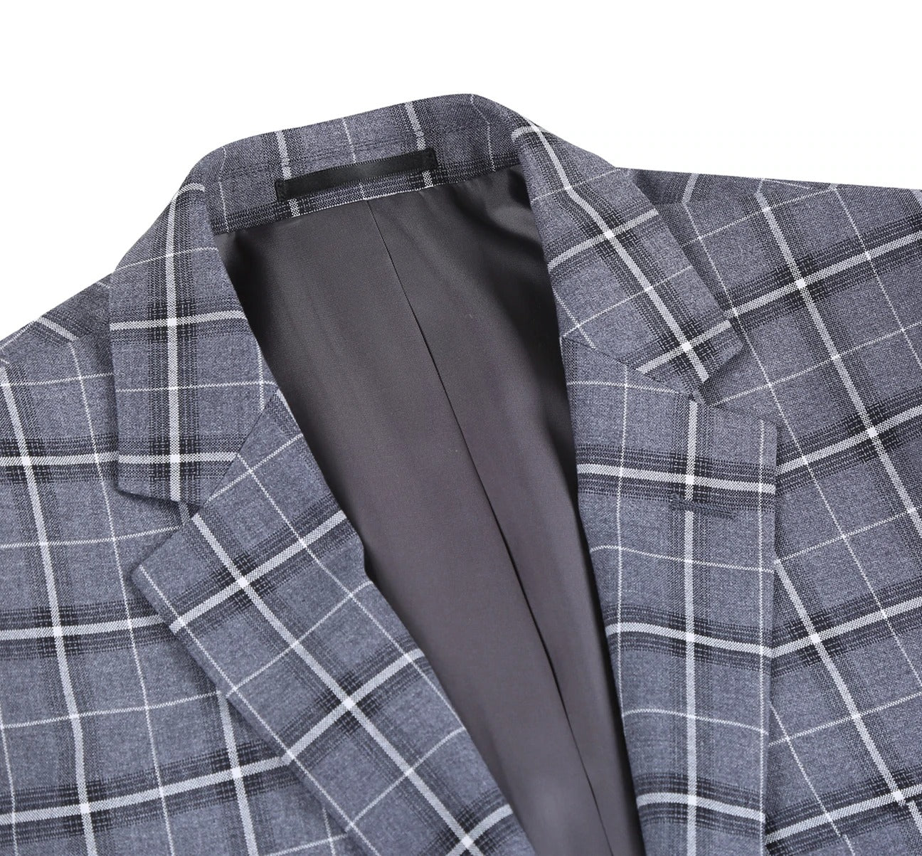 The Alessandro Vitello by Renoir Grey Classic Fit Single Breasted Check Suit 293-14 features a sophisticated gray plaid blazer with a sleek notch lapel, two-button closure, and two front pockets, set against a plain white background.