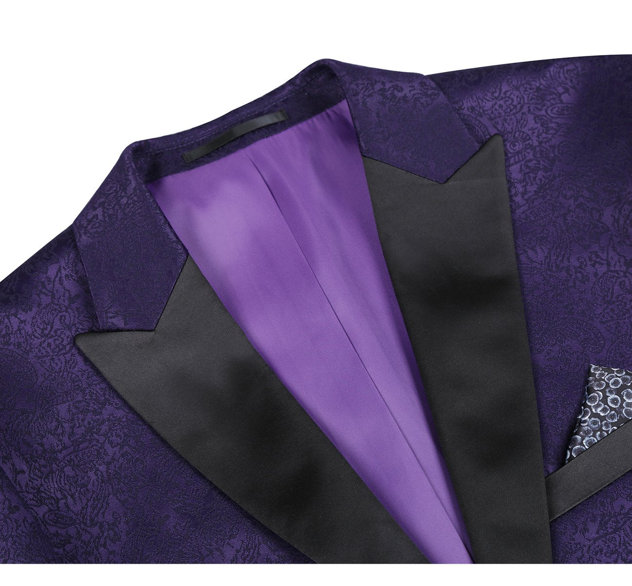 The Alessandro Vitello by Renoir Purple Slim Fit Peak Lapel Tuxedo Blazer with Embroidered Pattern 290-3 offers a sleek silhouette with its slim fit design, featuring black satin peak lapels, a single button closure, and an embroidered patterned pocket square in the chest pocket.