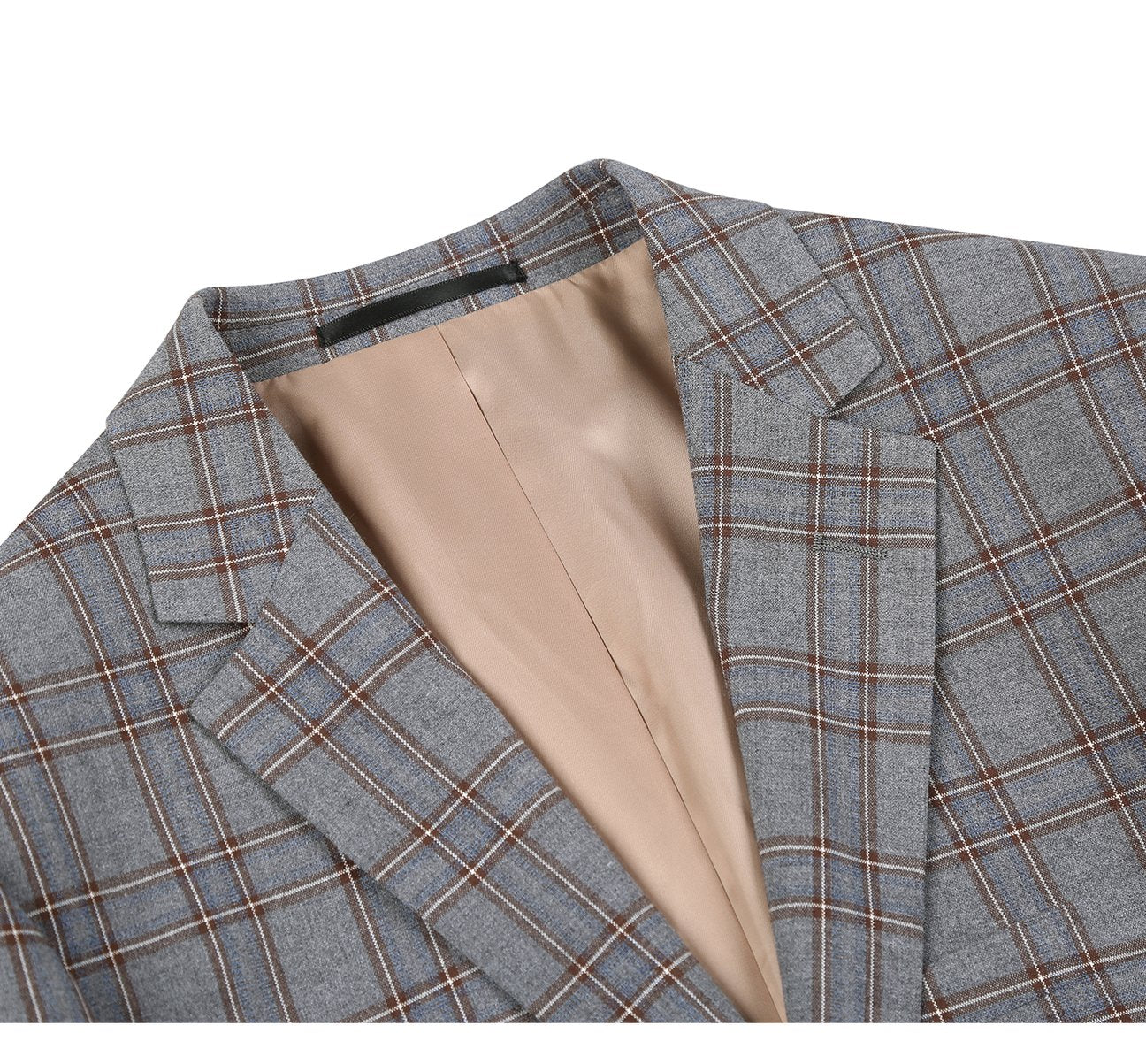 The Alessandro Vitello by Renoir Two Piece Slim Fit Stretch Windowpane Check Dress Suit 293-7, with a sleek single-breasted blazer and coordinated pants, is elegantly showcased against a white background.