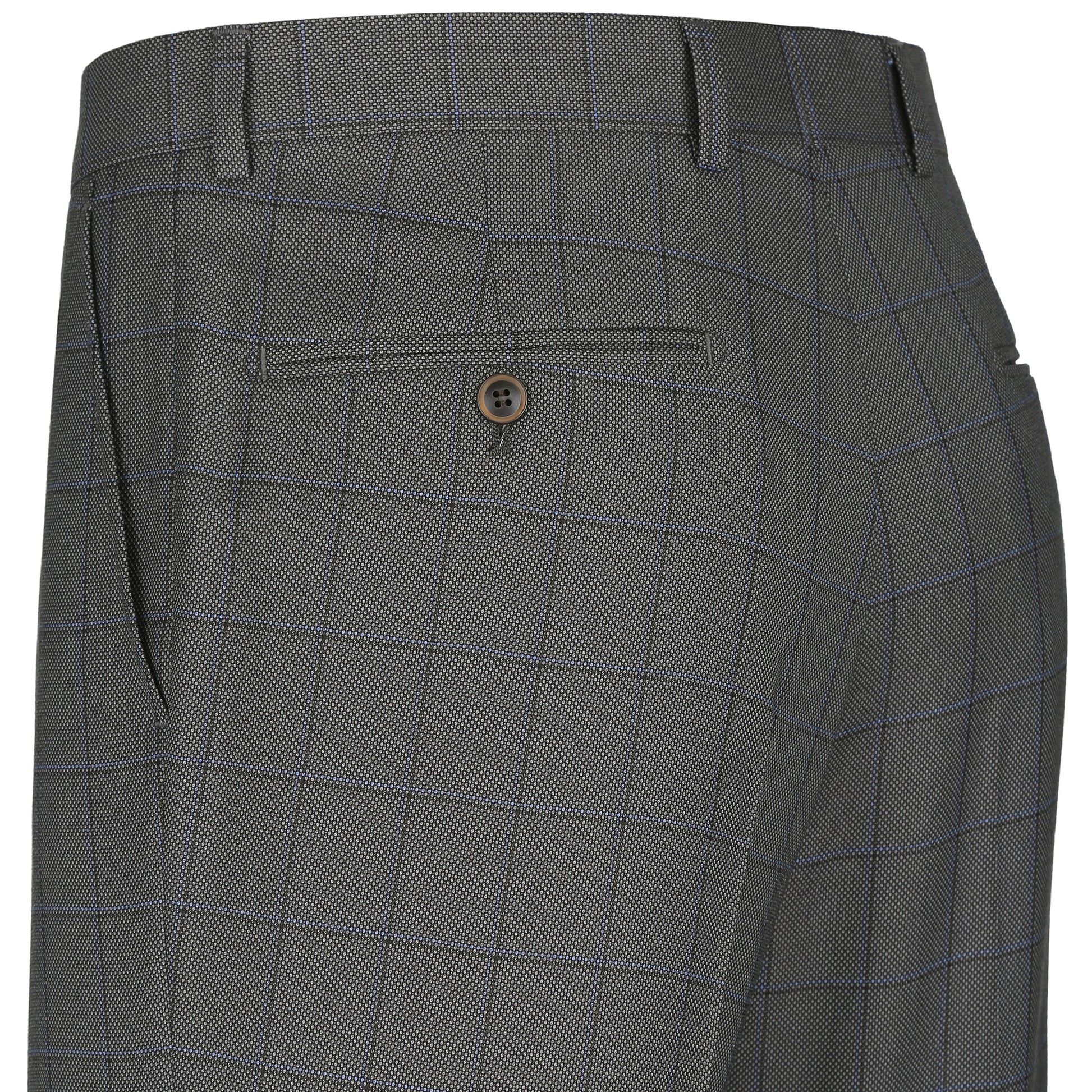 The "Alessandro Vitello by Renoir Two Piece Classic Fit Windowpane Check Dress Suit 292-2" is showcased flat on a white backdrop, highlighting its modern check pattern. This gray suit from Renoir includes a buttoned blazer with a notched lapel and brown inner lining, complemented by matching trousers.