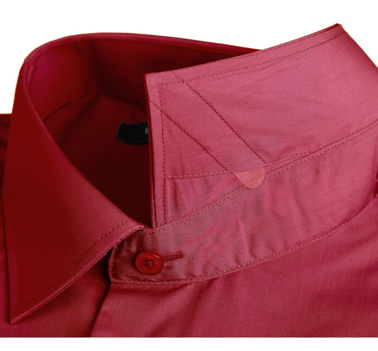 The Renoir VERNO Brick Red Classic/Regular Fit Long Sleeve Spread Collar Dress Shirt TC626 showcases a spread collar and long sleeves, with a close-up view emphasizing its classic fit and detailed fabric texture.