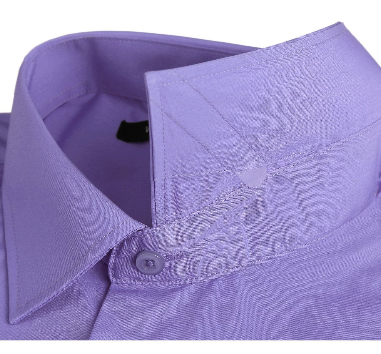 The Renoir VERNO Lavender Dress Shirt, model TC624, offers a Classic/Regular Fit and features long sleeves with a spread collar and button cuffs. A detailed close-up accentuates the fabric texture, making it perfect for formal attire.