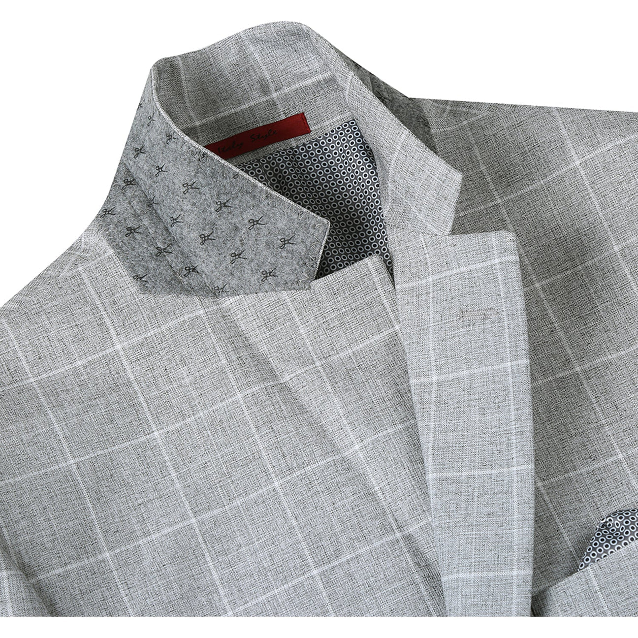 Introducing the Alessandro Vitello by Renoir Light Gray Slim Fit Check Blazer 294-10, showcasing a single-breasted design with two-button closure and notched lapels in a refined plaid pattern.