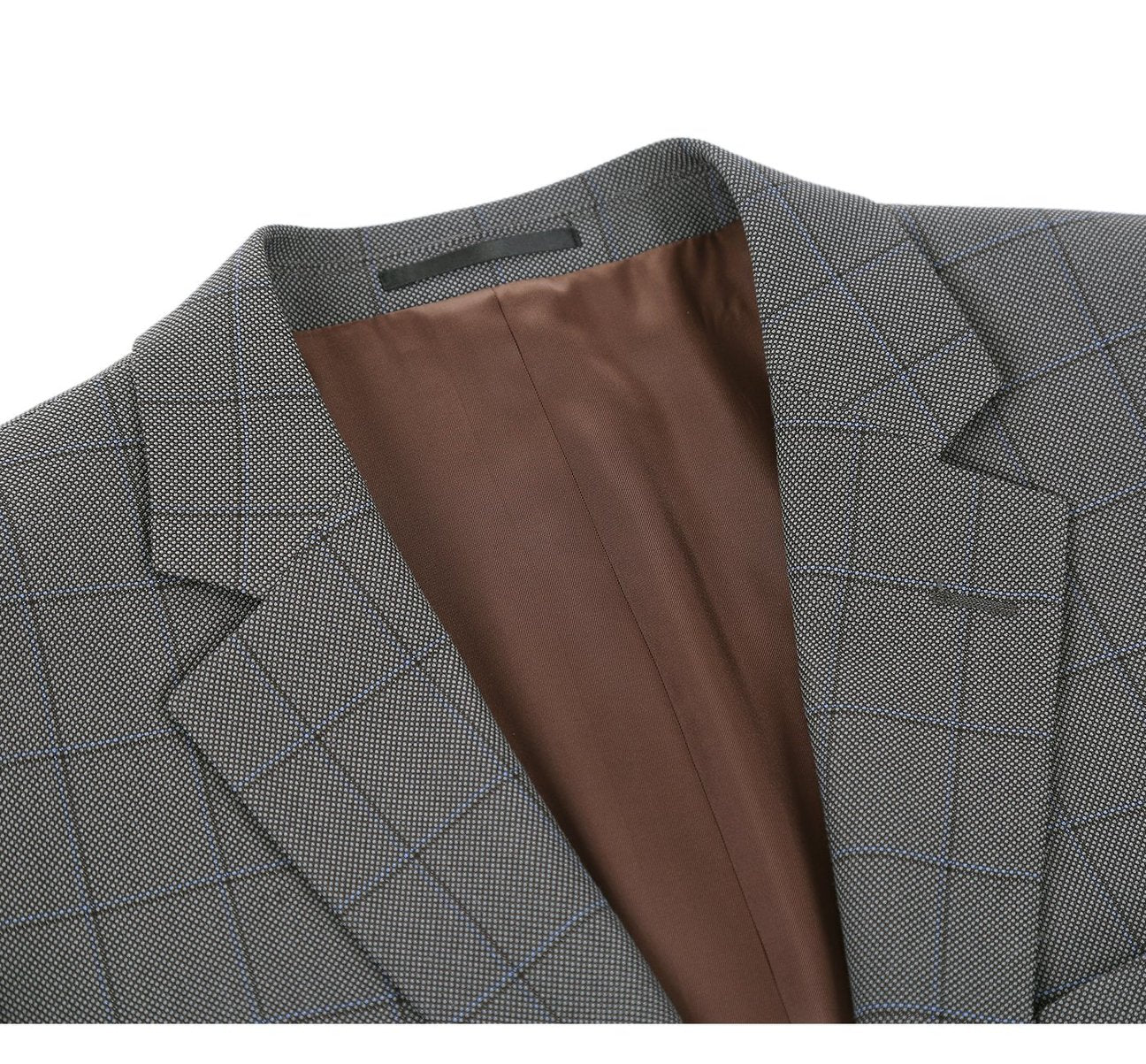 The "Alessandro Vitello by Renoir Two Piece Classic Fit Windowpane Check Dress Suit 292-2" is showcased flat on a white backdrop, highlighting its modern check pattern. This gray suit from Renoir includes a buttoned blazer with a notched lapel and brown inner lining, complemented by matching trousers.