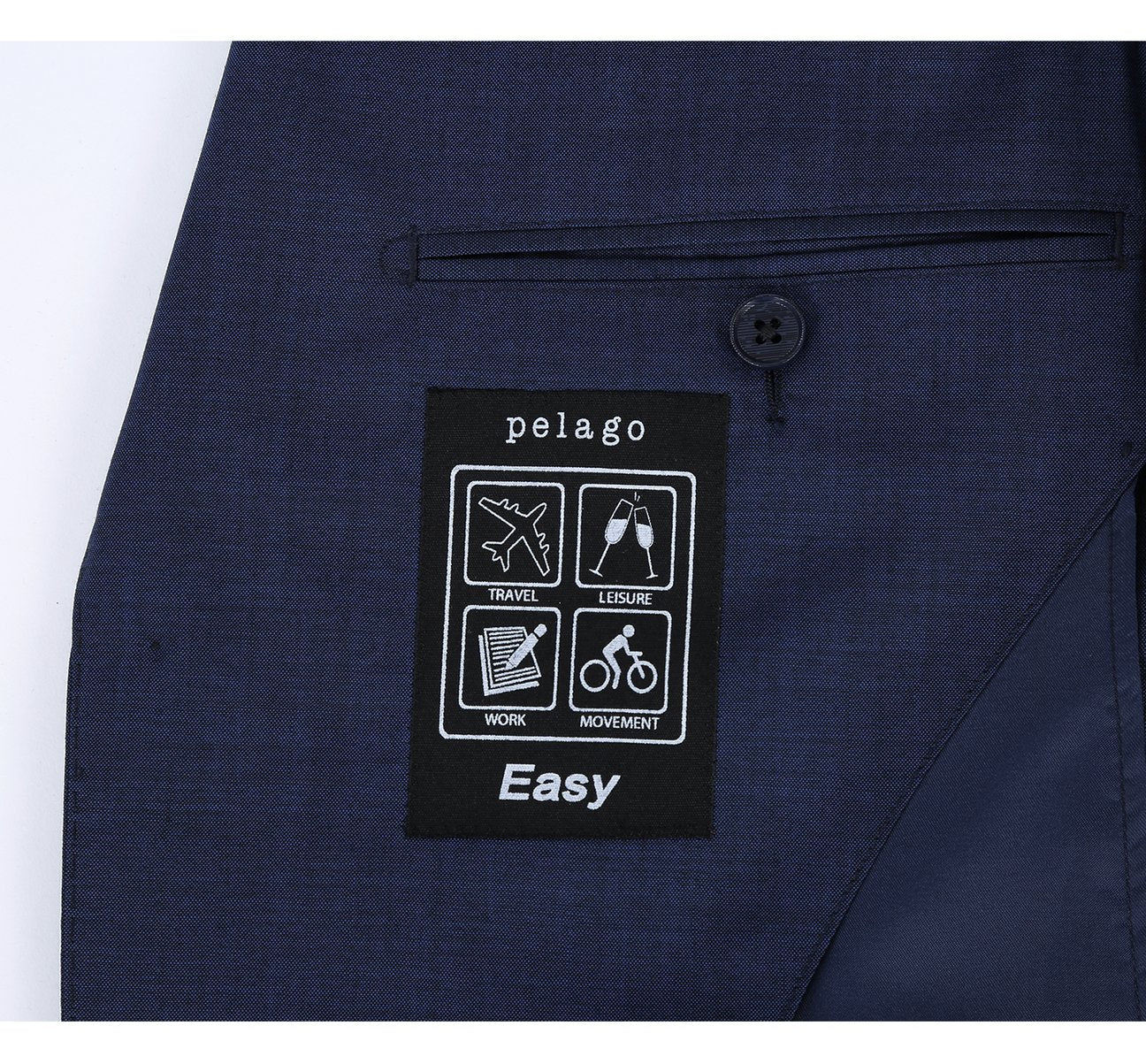 The Pellagio Navy Slim Fit Travel Suit, featuring a suit jacket and matching trousers with anti-microbial properties, nature stretch, and wrinkle resistance, showcased on a white background.