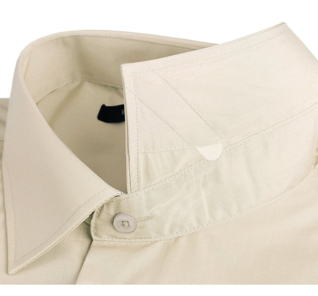 The Renoir VERNO Taupe Classic/Regular Fit Long Sleeve Dress Shirt TC23 features a spread collar and buttoned cuffs, with a close-up circle showcasing the fabric texture.