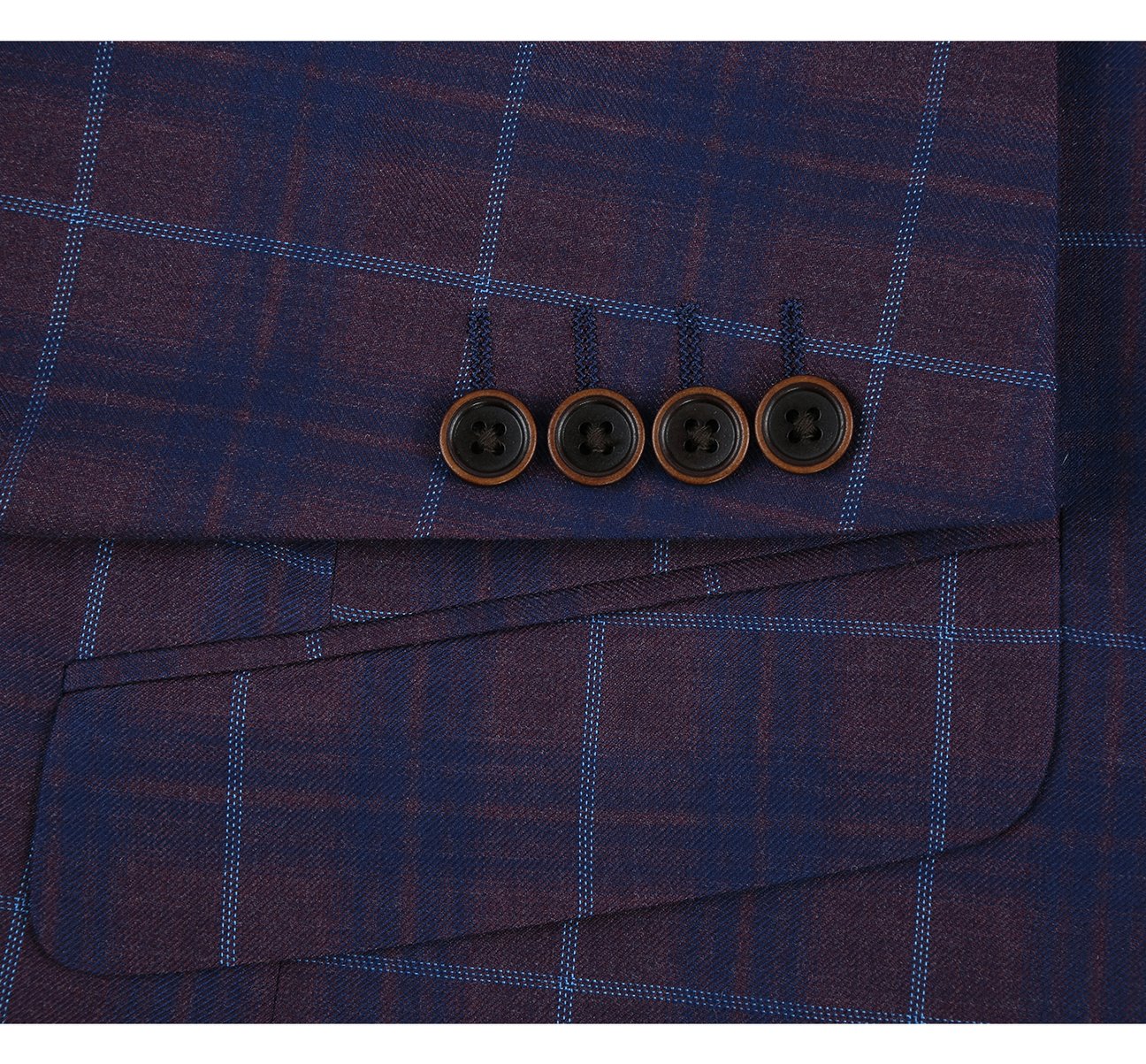 The Alessandro Vitello by Renoir Purple 2 Buttons Slim Fit Premium Plaid Sport Coat 294-3 is a sleek menswear piece that blends classic style with modern flair. It features a stylish blue and burgundy plaid check pattern, two-button closure, two front pockets, and an elegant pocket square.