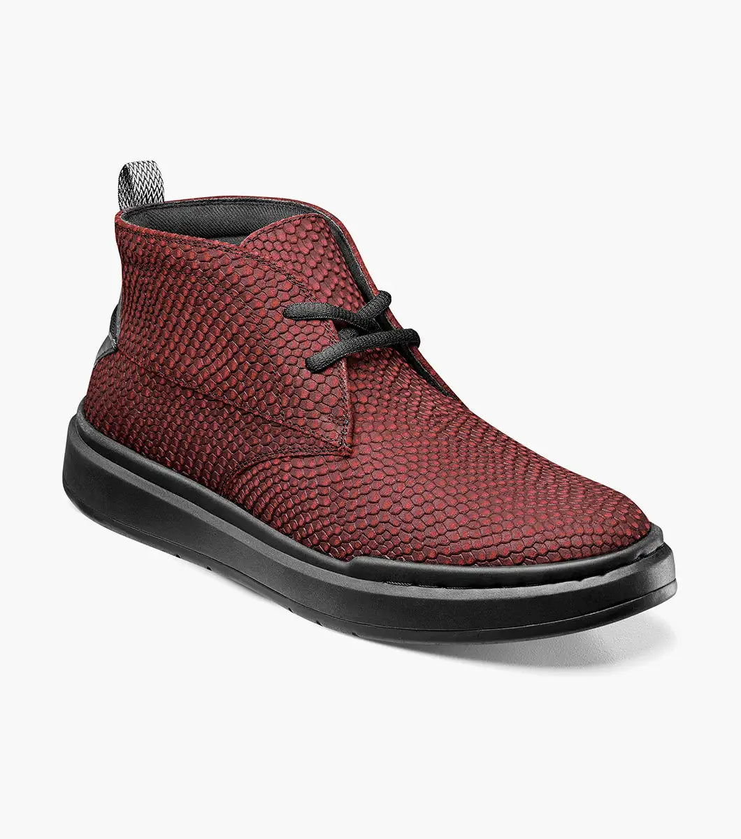 Stacy Adams - CAI Plain Toe Chukka Boot in red, featuring black laces and a wedge sole, with a white and black pull tab at the back.