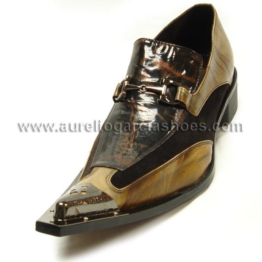 The FI-6652 Brown Fiesso by Aurelio Garcia fashion shoe from Fiesso features a brown and black leather upper, a pointed metal tip, and a decorative buckle.