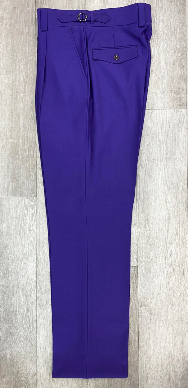 The Tiglio Luxe Marbella Purple Wide Leg Pants, sizes 50 and 52, from Tiglio Luxe, featuring a belt and made of extra fine wool, are beautifully showcased on a light wooden floor.