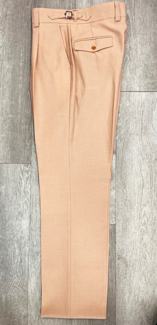 Tiglio Luxe Marbella Solid Blush Wide Leg Pants, available in size 50, featuring a comfortable fit and a single buttoned flap pocket, laid flat on a wooden floor.