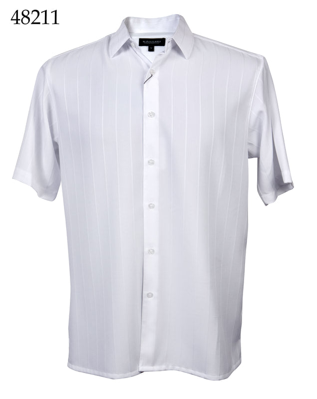 The Bassiri Short Sleeve Shirt from the Bassiri brand, labeled with the number 48211, is a white button-up shirt featuring subtle vertical stripes, a collar, and a Regular Fit design.