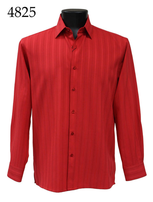 The Bassiri Long Sleeve Shirt is showcased on a mannequin torso against a white background, featuring a red color with a subtle striped pattern. The product number "4825" is in the top left corner.