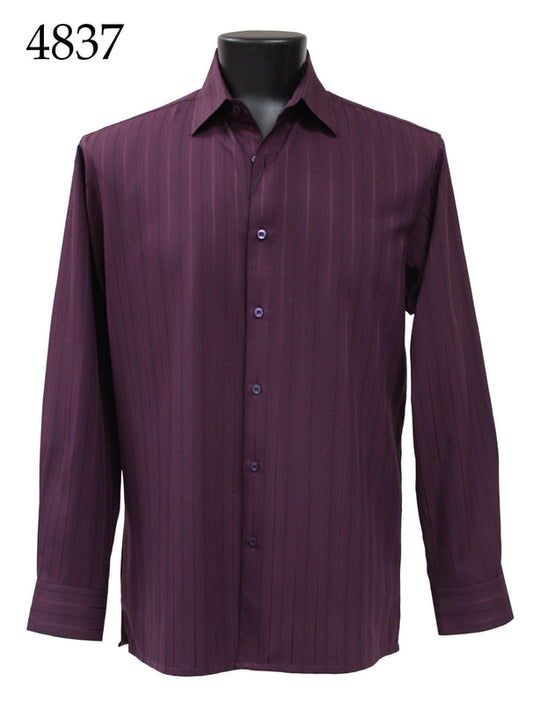 A purple Bassiri Long Sleeve Shirt 4837 displayed on a black mannequin, featuring vertical stripes and a button-up design, with the number 4837 in the top left corner.