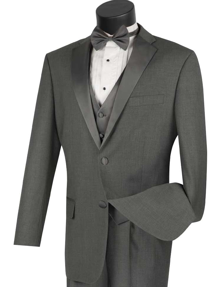 The Vinci Suits regular fit tuxedo, styled as the 4 Piece Tuxedo with Vest Bow Tie in Gray (model 4TV-1), features a sophisticated combination of a gray suit with black satin lapels, complemented by a crisp white dress shirt and a sharp black bow tie. This wrinkle-resistant ensemble is elegantly displayed on a mannequin against a plain background.