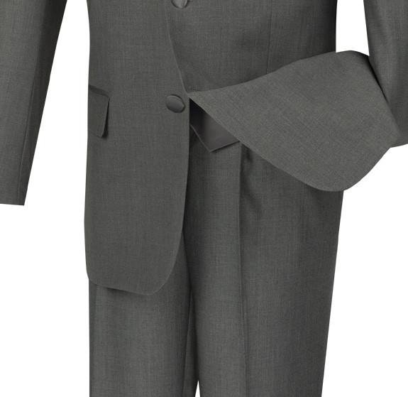 The Vinci Suits regular fit tuxedo, styled as the 4 Piece Tuxedo with Vest Bow Tie in Gray (model 4TV-1), features a sophisticated combination of a gray suit with black satin lapels, complemented by a crisp white dress shirt and a sharp black bow tie. This wrinkle-resistant ensemble is elegantly displayed on a mannequin against a plain background.