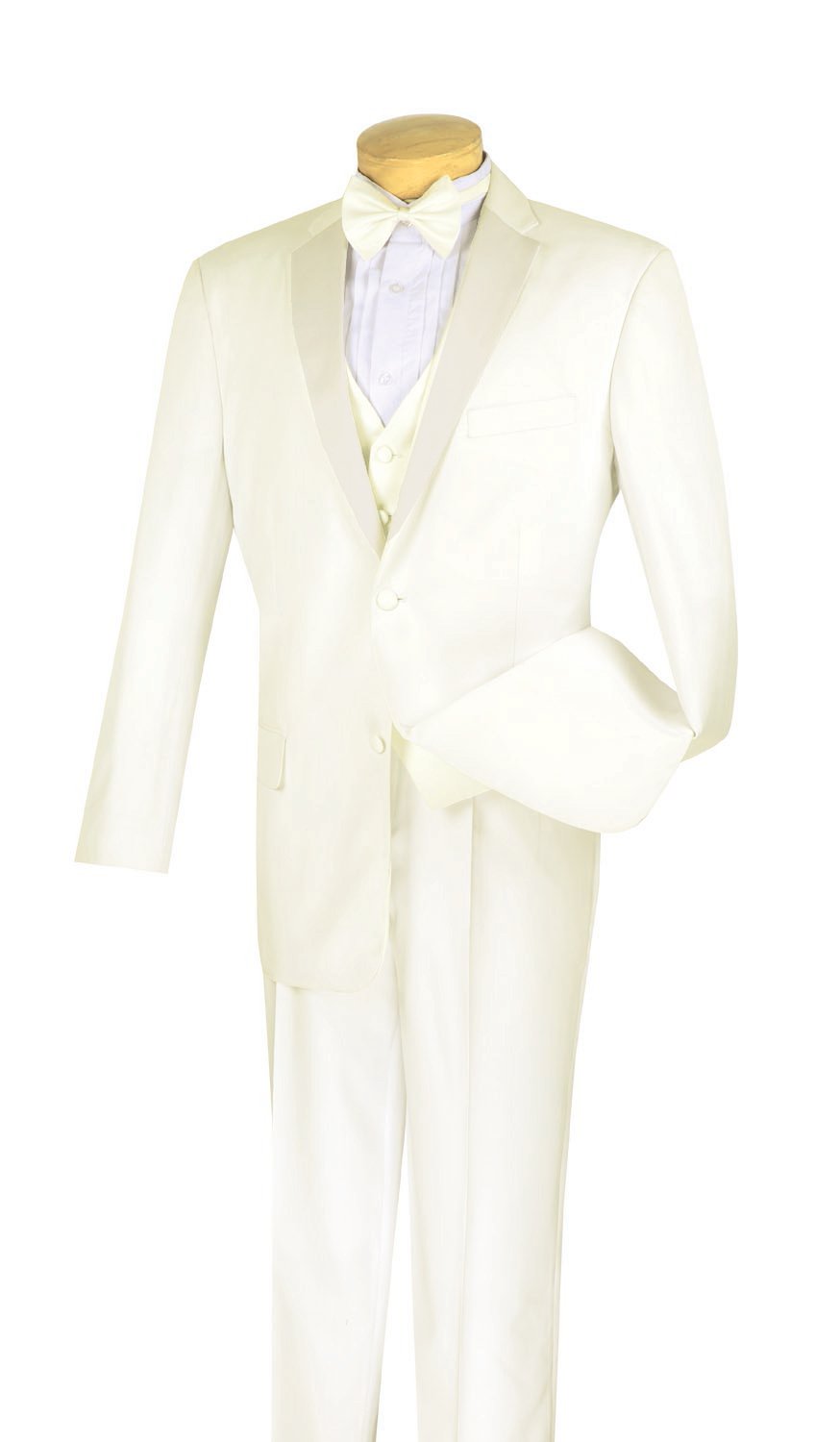 Displayed on a mannequin against a plain white background, the Vinci Suits Regular Fit 4 Piece Tuxedo with Vest and Bow Tie in ivory combines elegance with practicality thanks to its wrinkle-resistant design, making it ideal for any formal occasion.