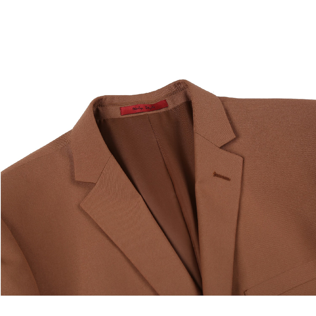 The Alessandro Vitello by Renoir 2-Piece Slim Fit Single Breasted Notch Lapel Brown Suit 201-106 boasts a stylish slim fit with two buttons and a notched lapel for lightweight comfort. It features two front pockets and a chest pocket, all showcased against a plain white background.