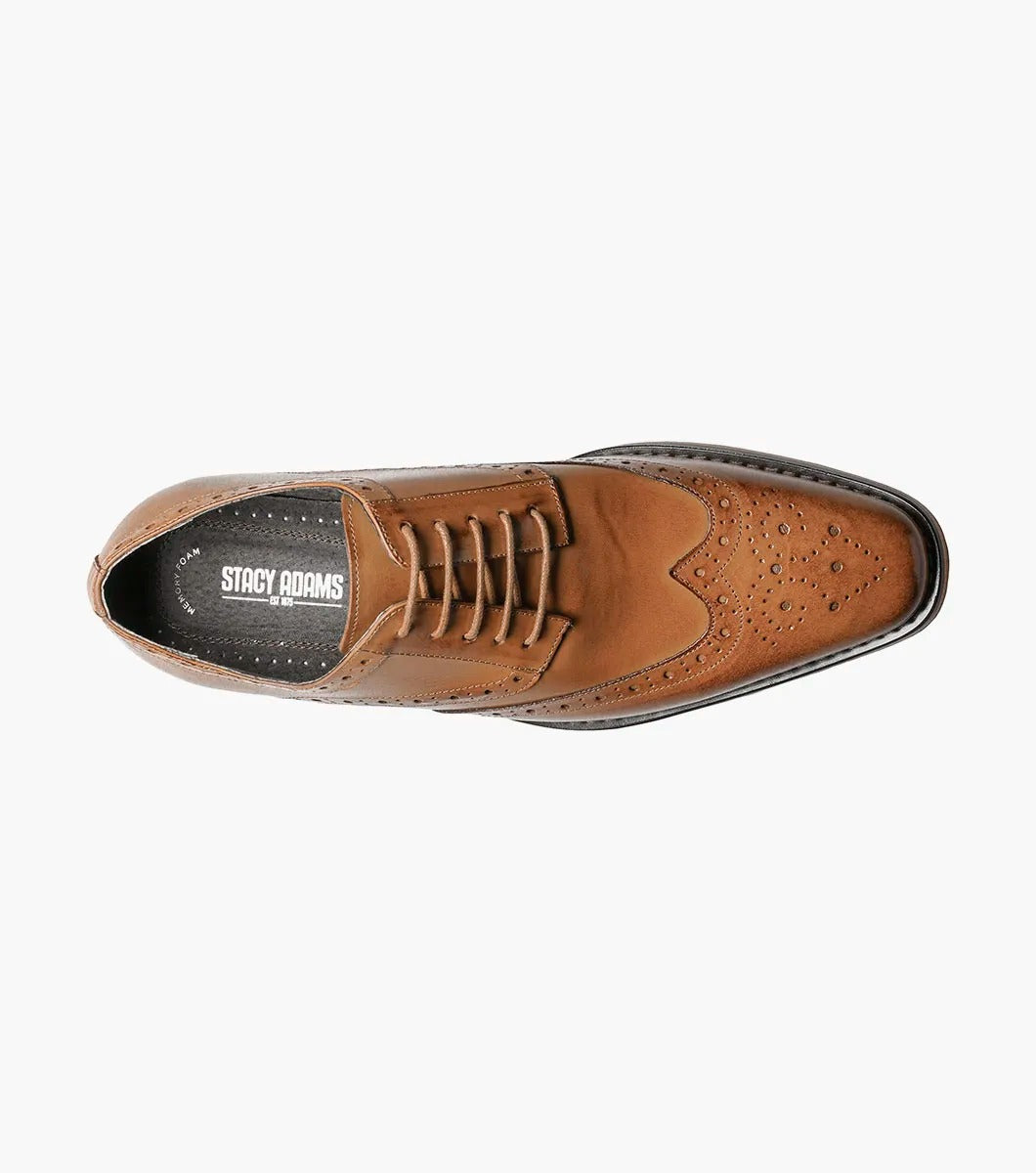 Stacy Adams' TINSLEY Wingtip Oxford in tan features brogue detailing with decorative perforations and laces, seen from the side on a white background.