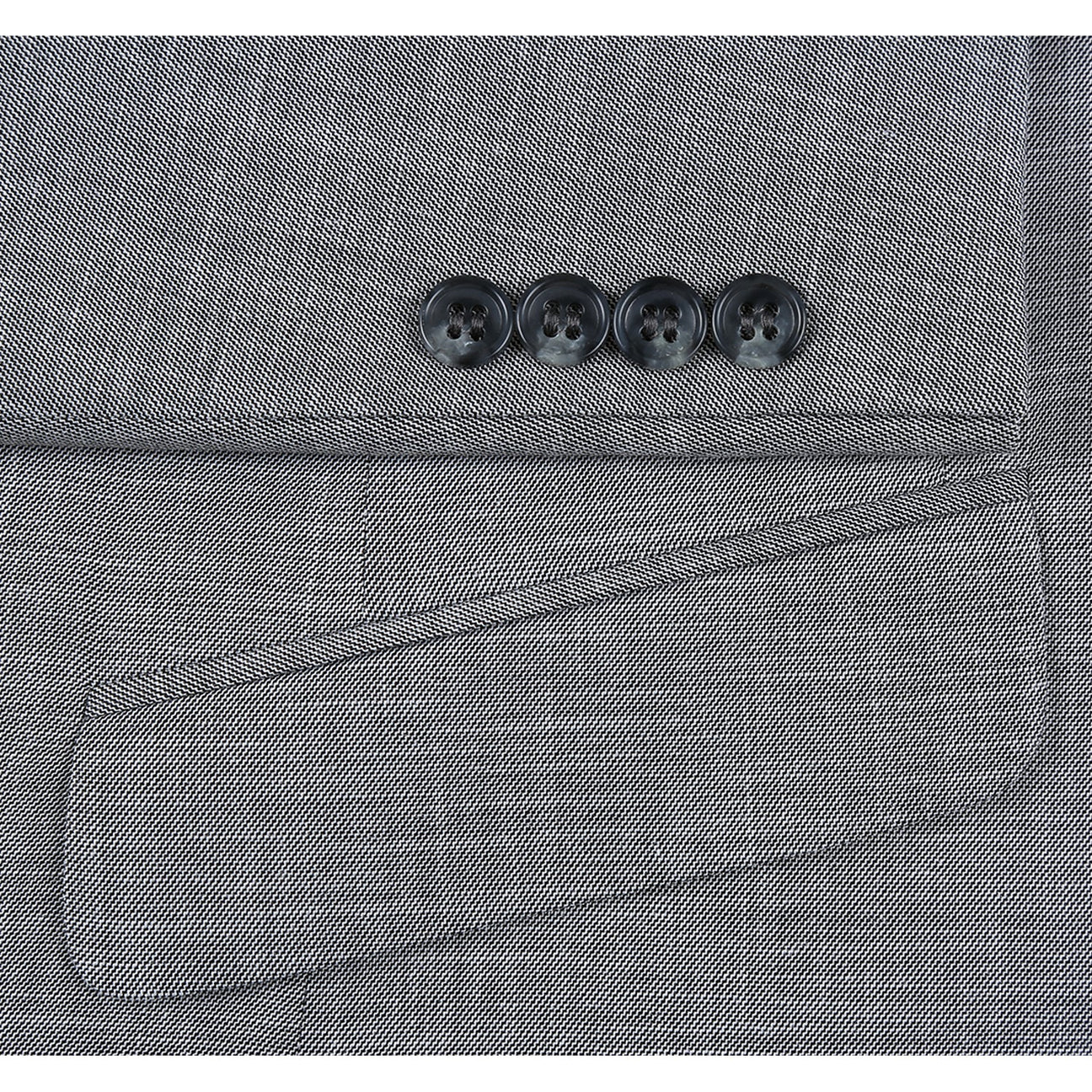 The Alessandro Vitello by Renoir Gray Slim Fit Suit, model number 293-17, is crafted from polyester and showcases a light texture. This suit jacket includes two buttons, stylish notched lapels, and two front pockets for a classic look.