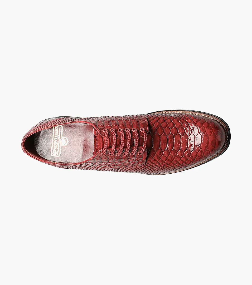 Stacy Adams MADISON Anaconda Plain Toe Oxford in red leather with a black sole, featuring kidskin leather linings, angled view.