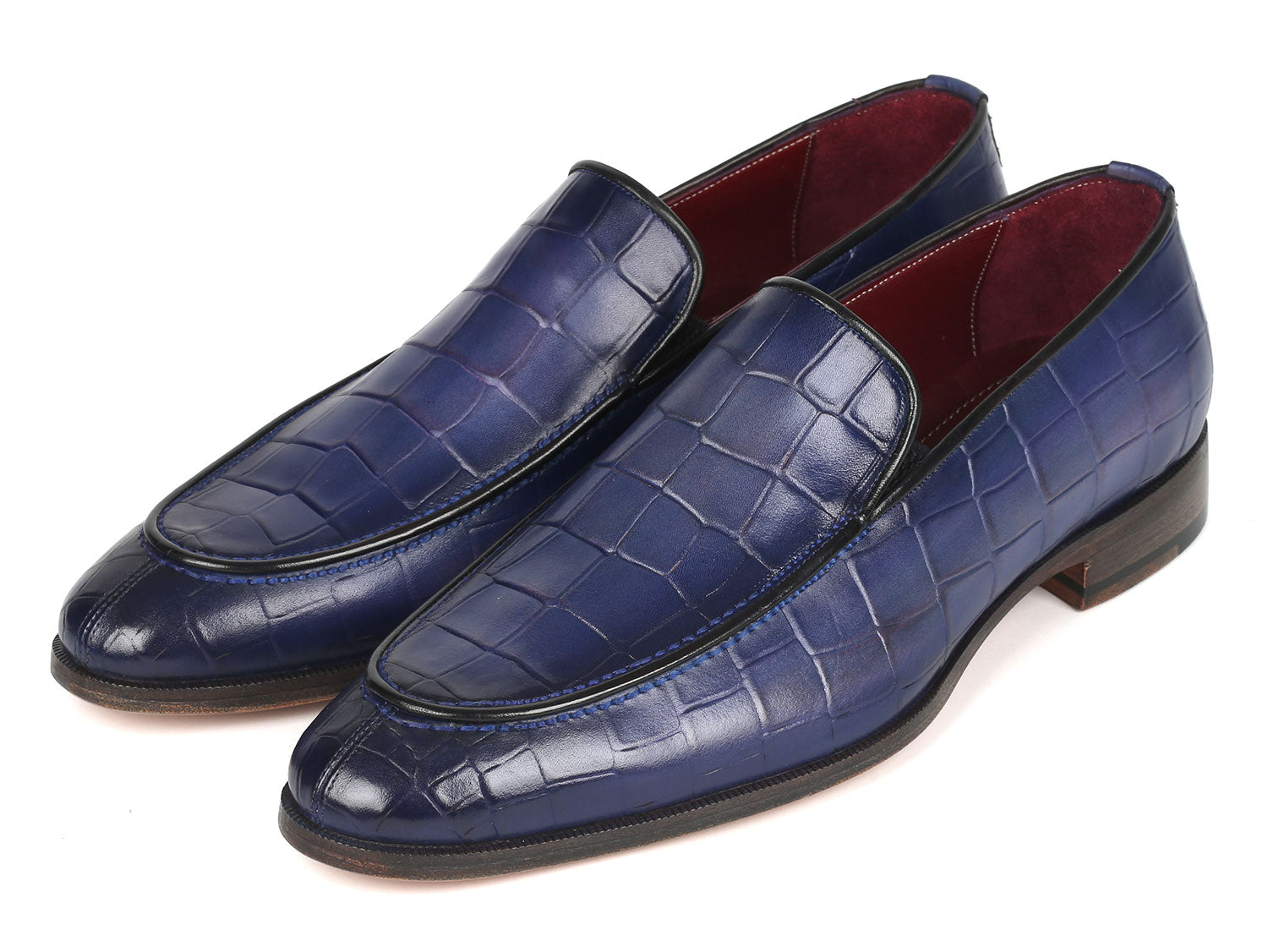 Introducing the Paul Parkman Croco Textured Leather Loafer in Blue (Model 7339-BLU), a luxurious pair of men's loafers made from hand-painted blue croco leather, complete with a low heel and eye-catching red interior lining.