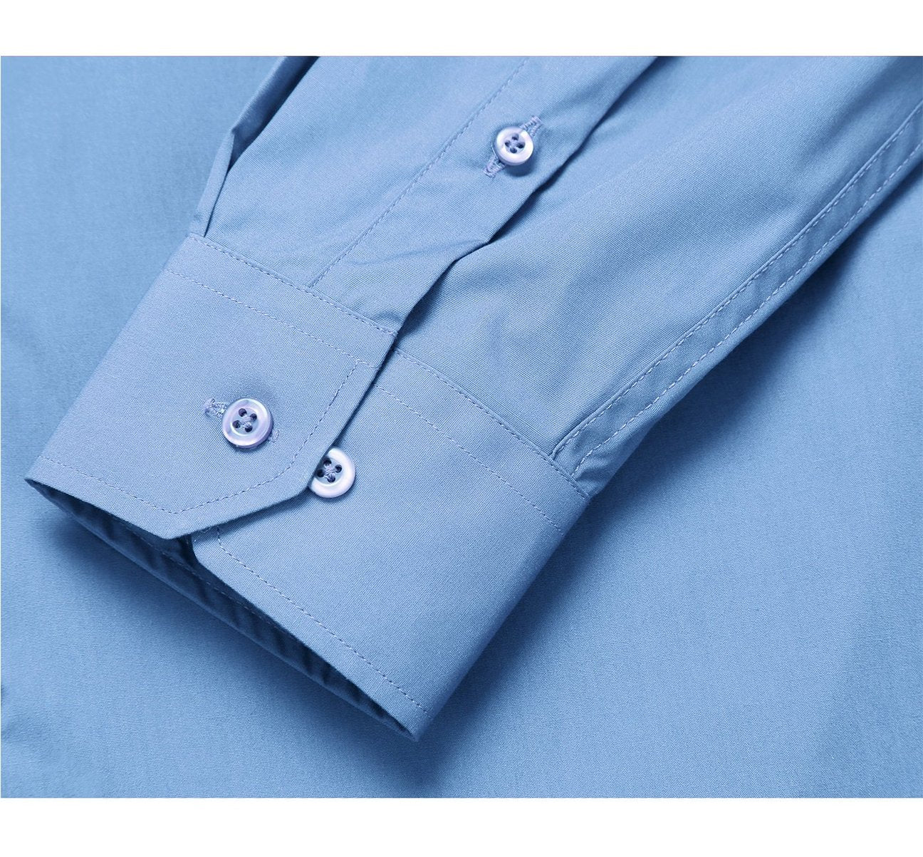 The Renoir VERNO Light Blue Classic/Regular Fit Long Sleeve Spread Collar Dress Shirt TC627 is elegantly displayed, showcasing a close-up inset of its fabric texture.