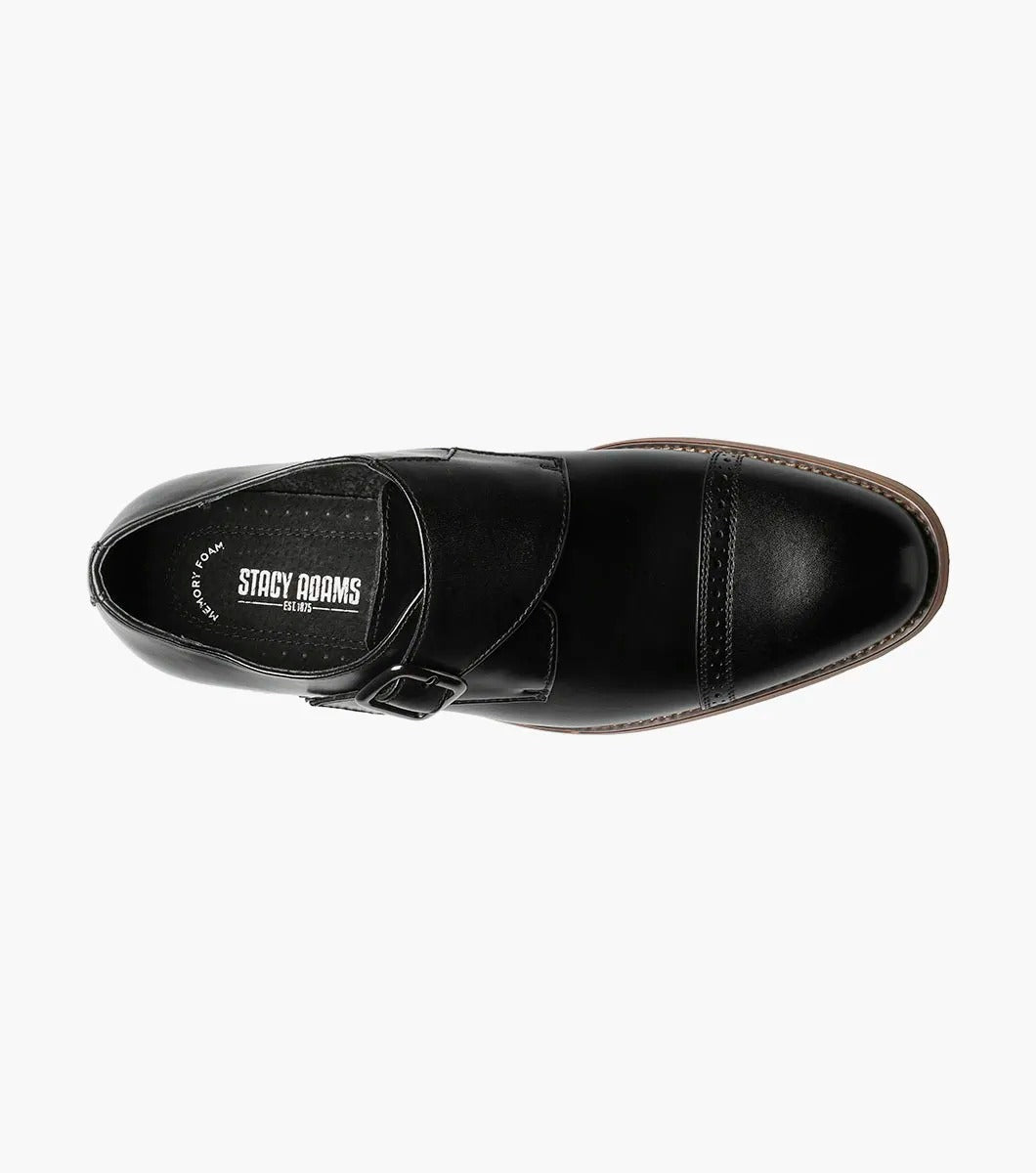 The Stacy Adams - DESMOND Cap Toe Monk Strap in Black, model number 25162-001, showcases a sophisticated black leather design with a cap toe and buckle strap, enhanced by a brown sole and a comfortable memory foam insole.