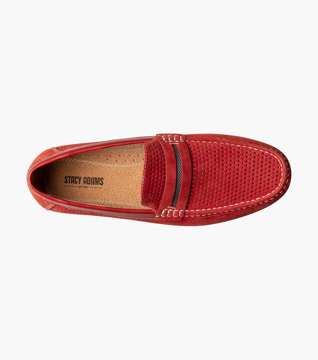 Introducing the Stacy Adams - CORBY Moc Toe Saddle Slip On in Red (25513-600). This shoe features a red leather loafer design with a perforated upper, complemented by black and red stripe detailing on top. It also boasts a durable rubber outsole, making it the ideal casual warm-weather shoe with its stylish appearance and comfortable fit from STACY ADAMS.