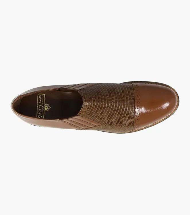 The Stacy Adams MADISON Cap Toe Slip On in tan, model 00067-240, features a textured upper with elastic side panels and boasts Goodyear welt construction for enhanced durability.