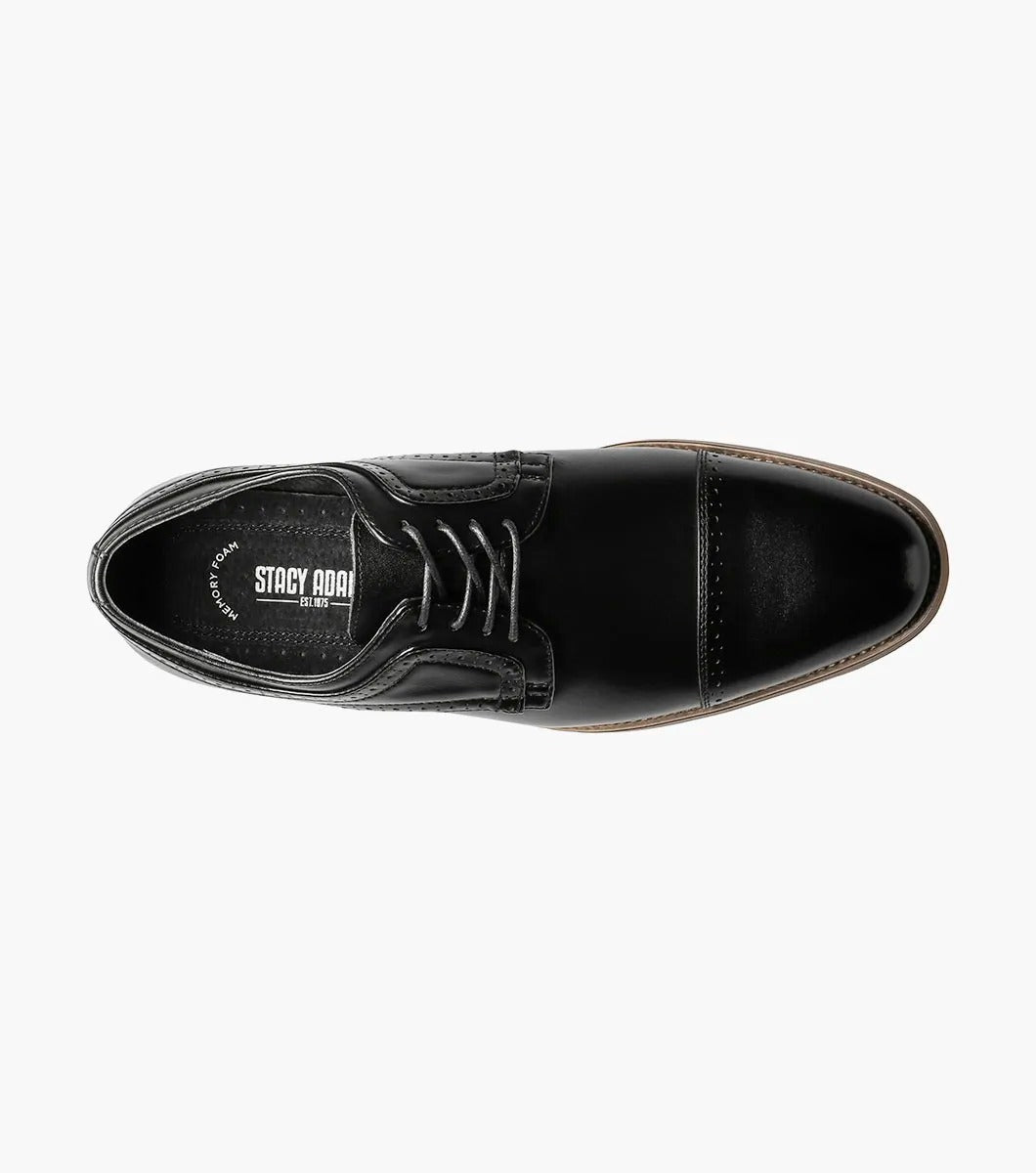 The Stacy Adams DICKINSON Cap Toe Oxford in black features decorative stitching, a brown sole, and a comfortable memory foam insole.