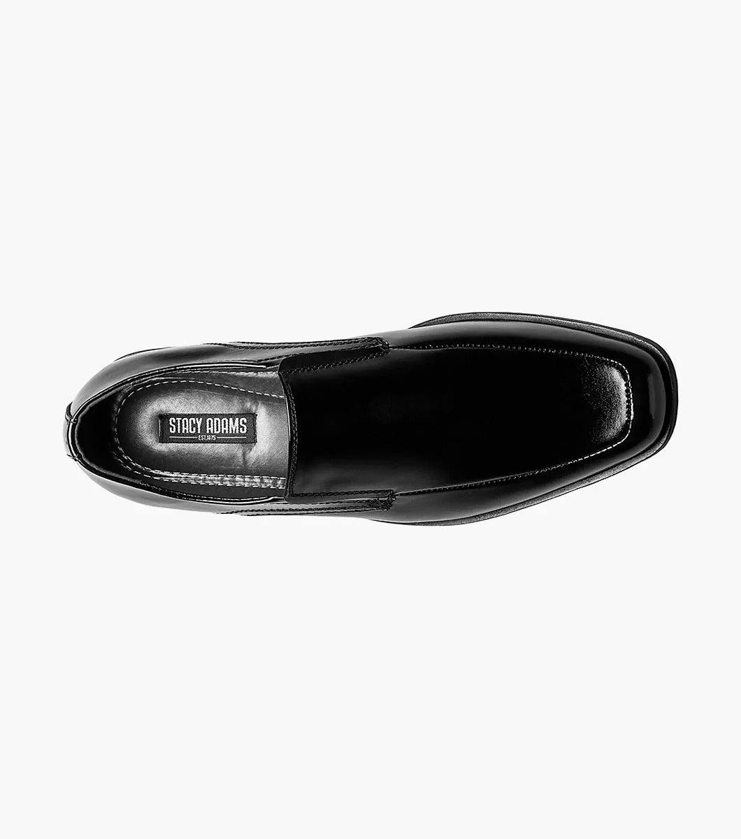 Stacy Adams Cassidy Moc Toe Loafer in black, made from genuine leather with a square toe and low heel, featuring a cushioned insole, displayed on a white background.