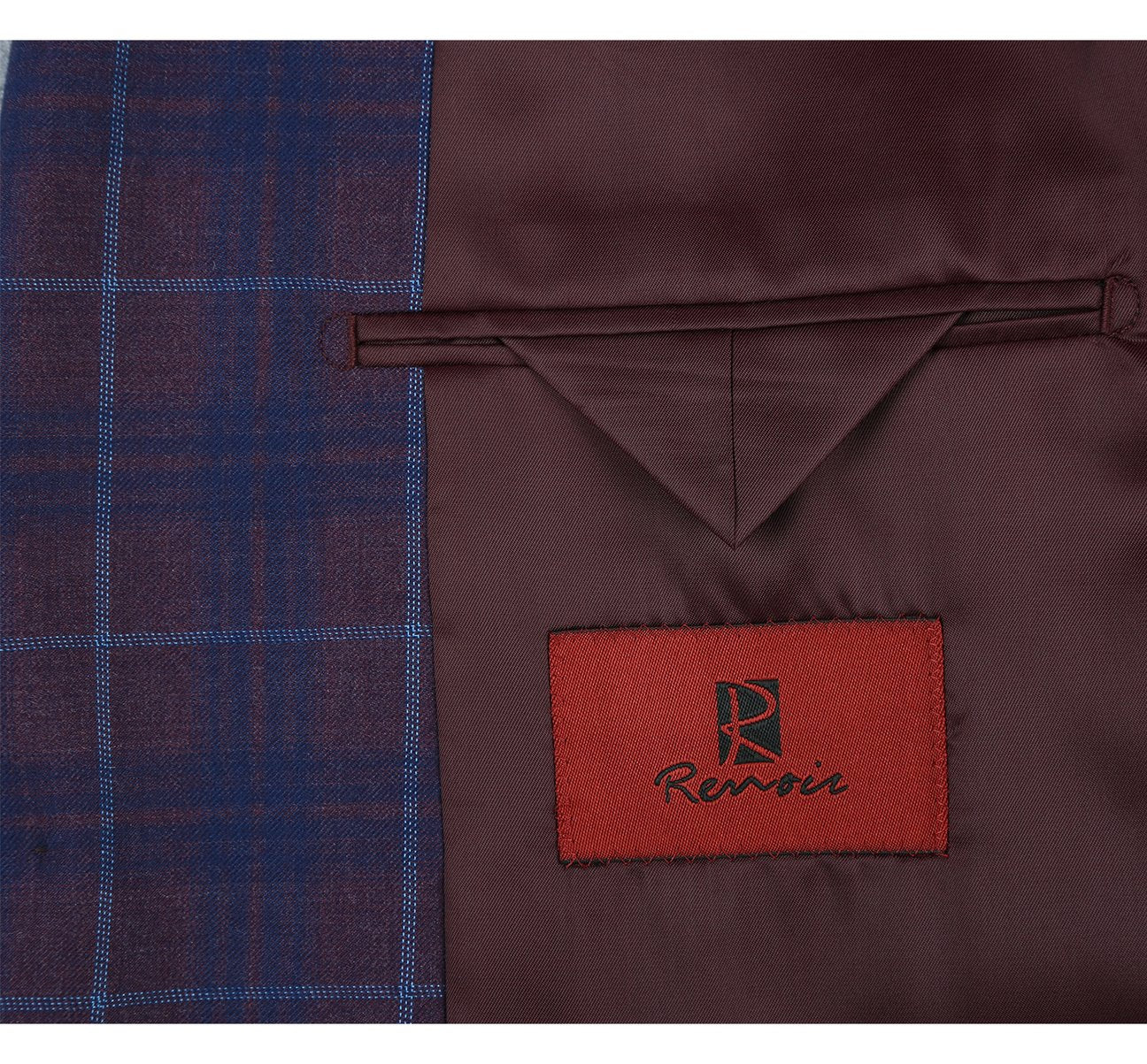 The Alessandro Vitello by Renoir Purple 2 Buttons Slim Fit Premium Plaid Sport Coat 294-3 is a sleek menswear piece that blends classic style with modern flair. It features a stylish blue and burgundy plaid check pattern, two-button closure, two front pockets, and an elegant pocket square.