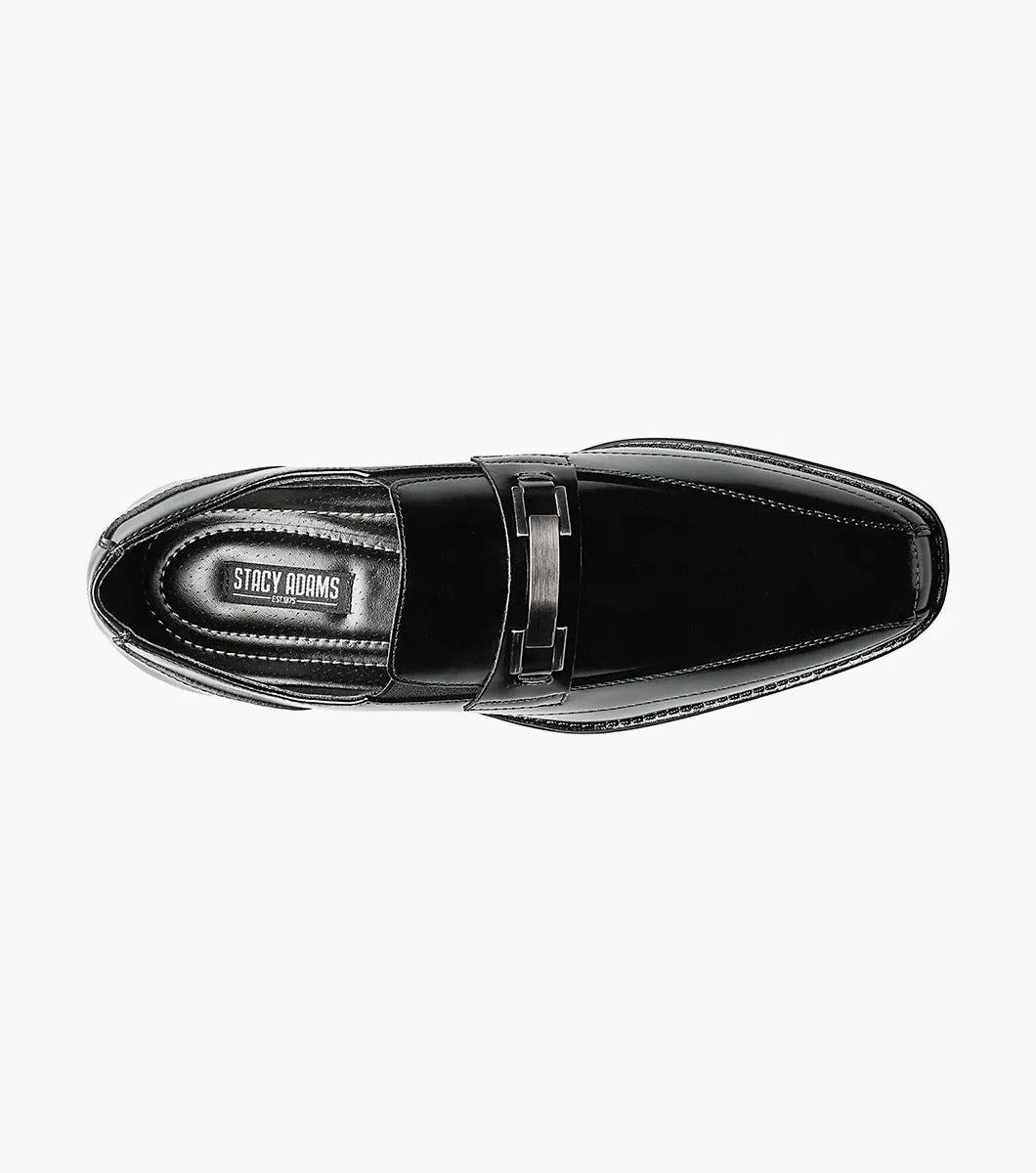 The Stacy Adams WAKEFIELD Bike Toe Bit Slip On in black is a sleekly designed leather men's dress shoe with a metallic decorative strap across the top and a cushioned footbed for added comfort. This perfectly crafted slip-on style offers easy wear.