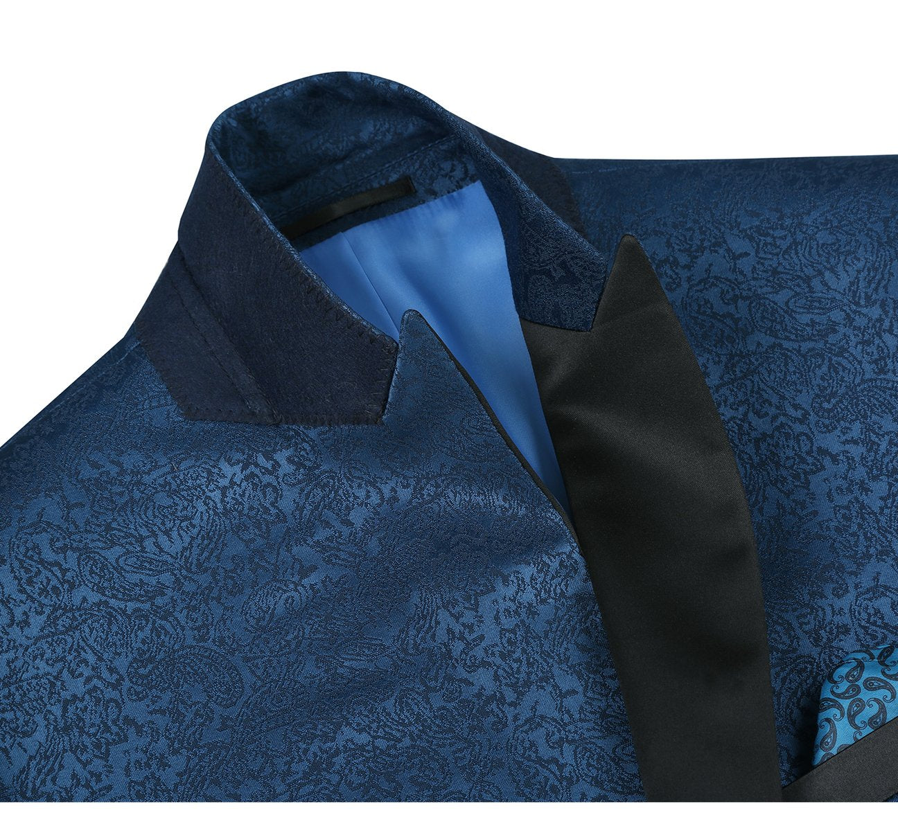 The Alessandro Vitello by Renoir Dark Blue Slim Fit Peak Lapel Tuxedo Blazer, featuring an embroidered pattern, black lapels, a single button closure, and a blue pocket square, is perfect for formal occasions.