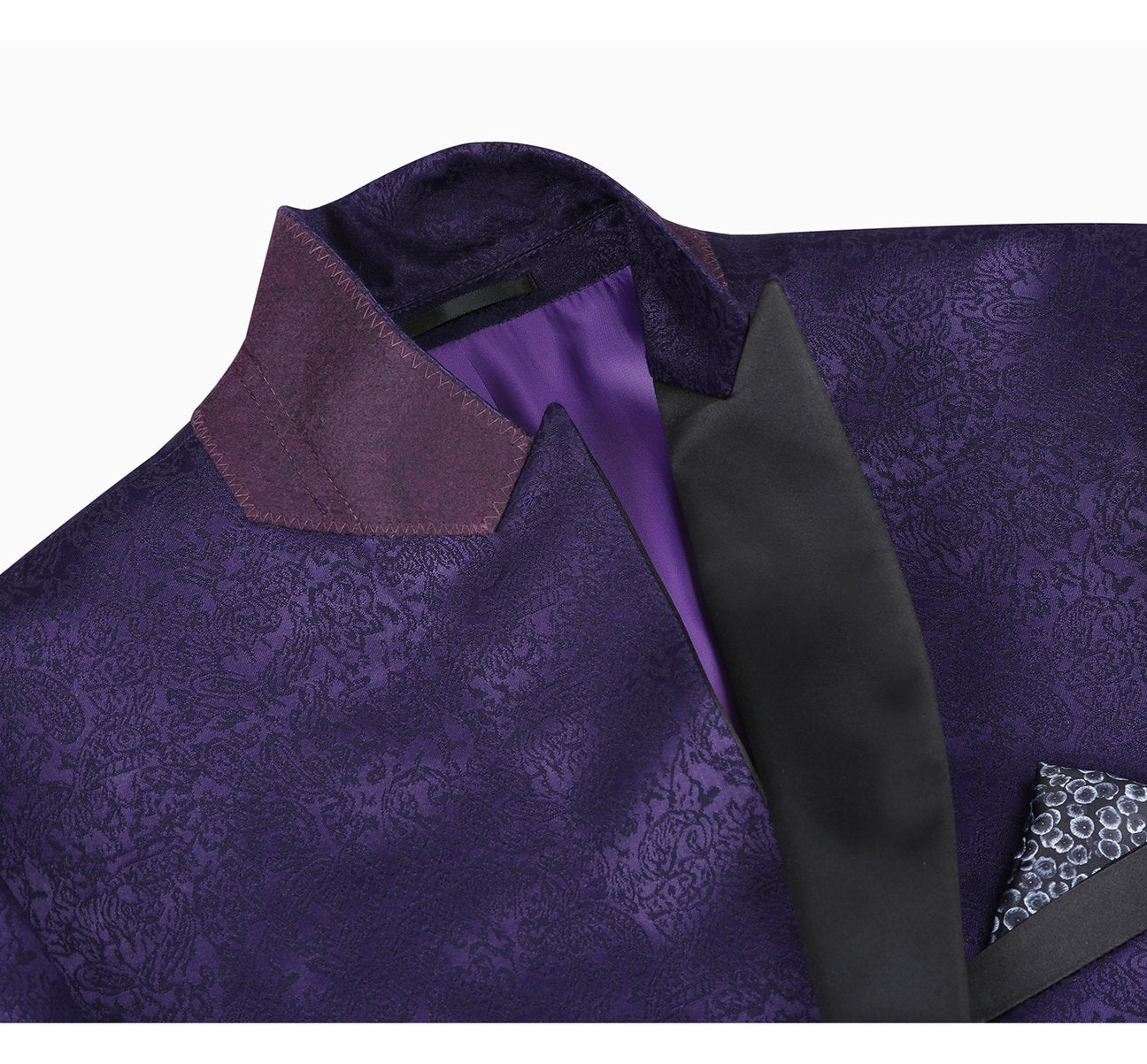 The Alessandro Vitello by Renoir Purple Slim Fit Peak Lapel Tuxedo Blazer with Embroidered Pattern 290-3 offers a sleek silhouette with its slim fit design, featuring black satin peak lapels, a single button closure, and an embroidered patterned pocket square in the chest pocket.