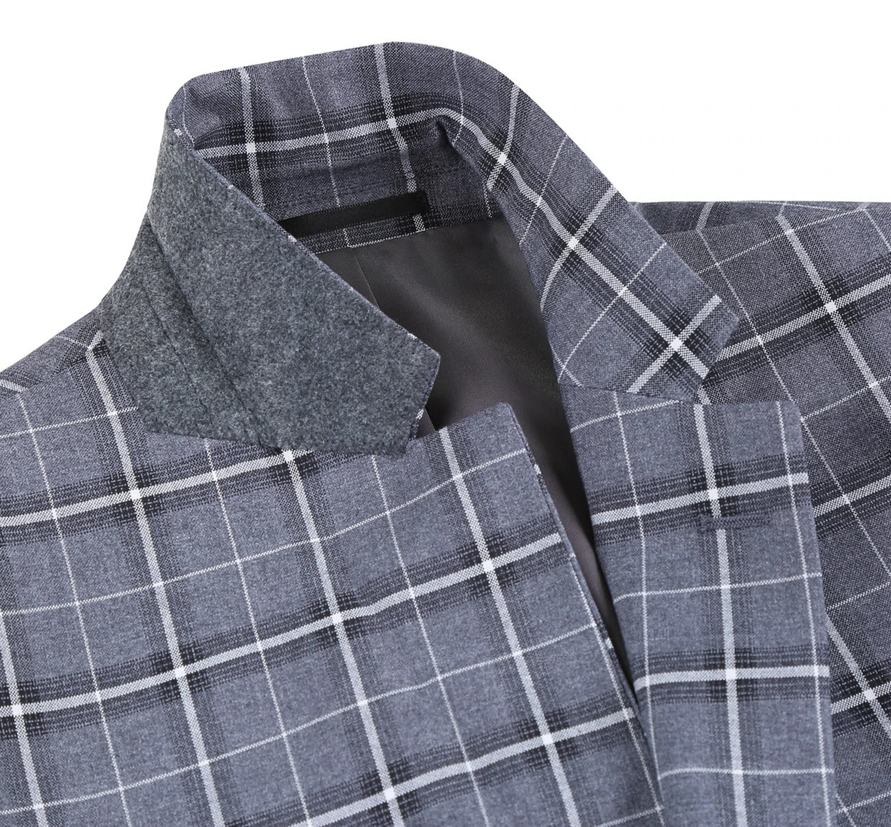 The Alessandro Vitello by Renoir Grey Classic Fit Single Breasted Check Suit 293-14 features a sophisticated gray plaid blazer with a sleek notch lapel, two-button closure, and two front pockets, set against a plain white background.