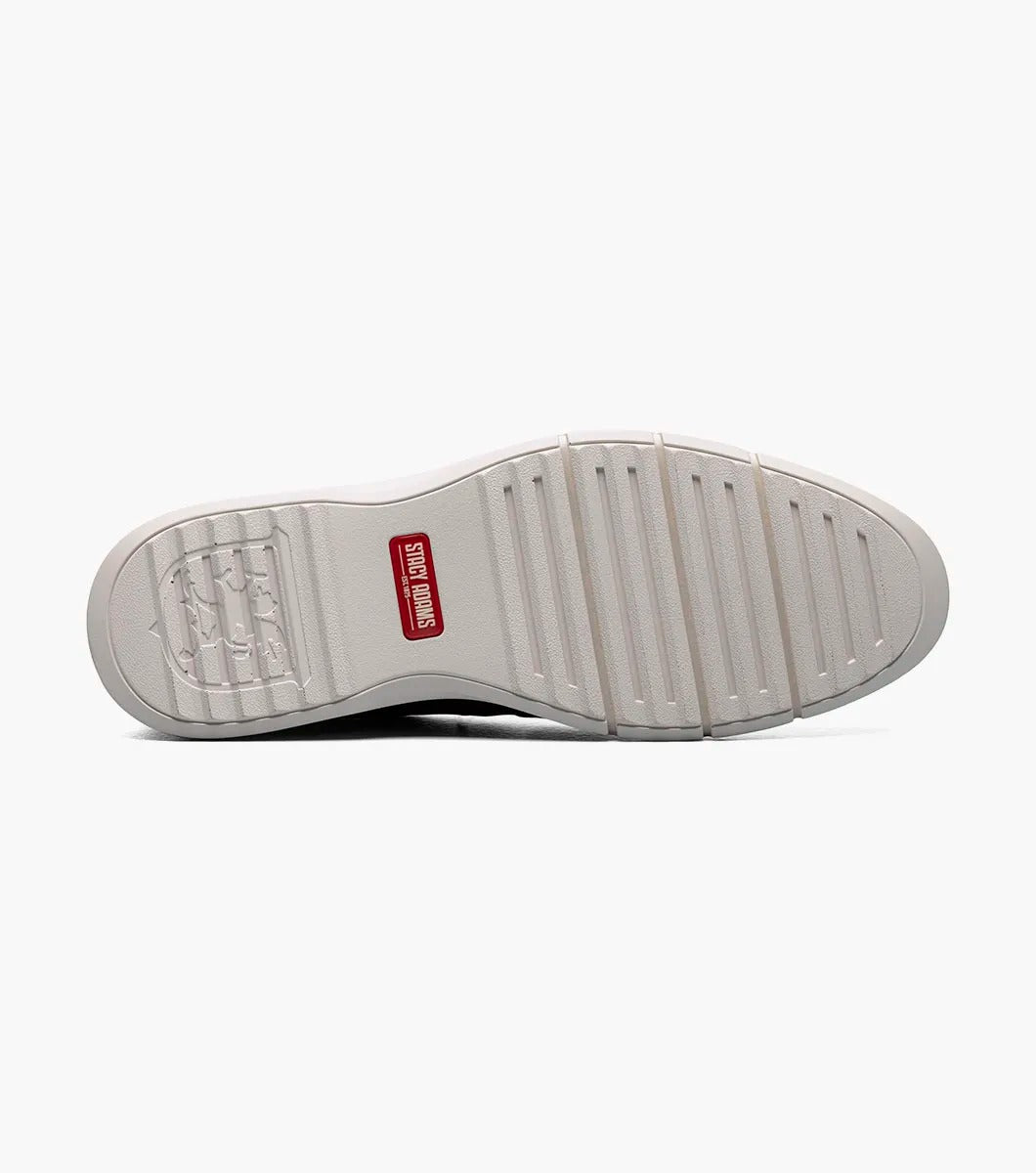 The Stacy Adams SYNCHRO Plain Toe Elastic Lace Up - White - 25518-100 is a versatile shoe showcasing white perforated leather with elastic laces, a brown sole, and a red pull tab at the heel. Crafted by STACY ADAMS for comfort, it offers anatomical arch support, making it ideal for any occasion.