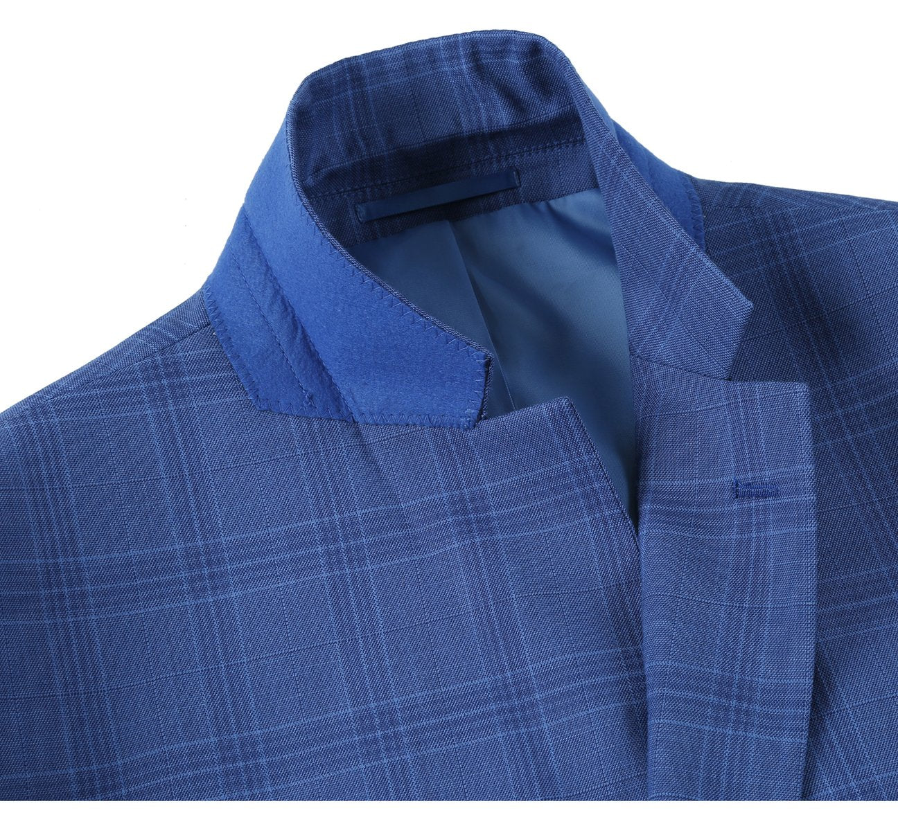 Displayed on a mannequin is the Alessandro Vitello by Renoir Blue 2-Piece Slim Fit Windowpane Check Dress Stretch Suit, model 293-10, complemented by a white dress shirt and a blue striped tie. Ideal for special occasions, this outfit seamlessly blends style and elegance.