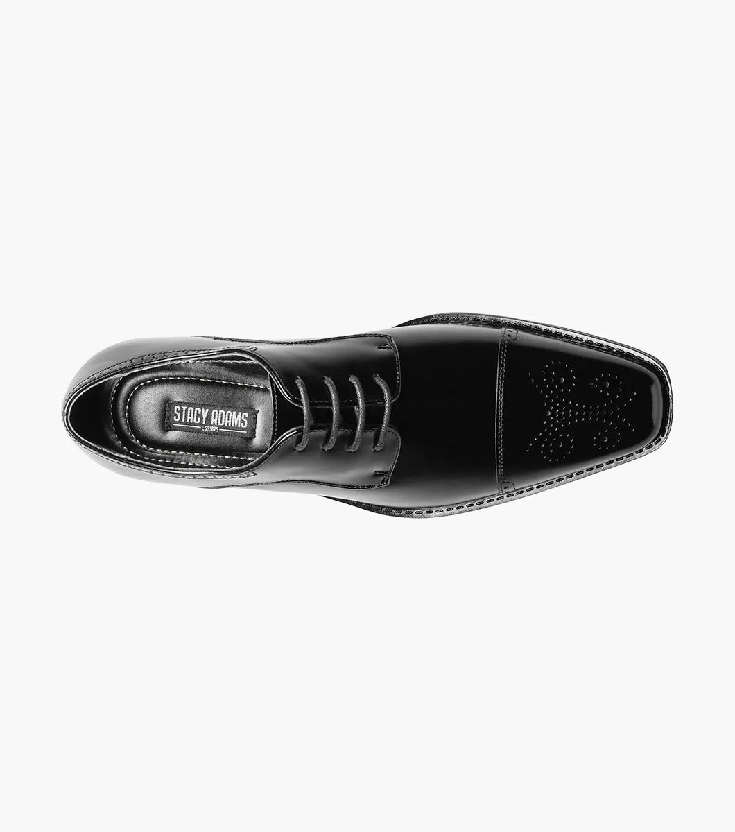 The Stacy Adams - KENWAY Cap Toe Oxford in black, style number 20194-001, showcases leather linings, laces, and a low heel against a white backdrop.