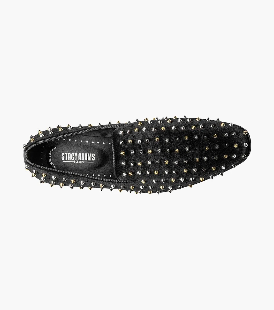 A Stacy Adams SPIRE spiked slip-on loafer in black leather, adorned with silver metal studs.