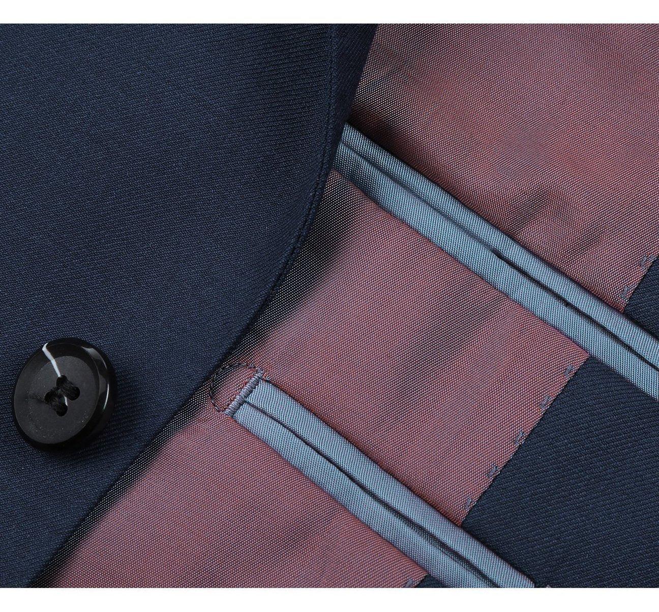 Introducing the Alessandro Vitello by Renoir, a navy 2-piece slim fit suit crafted from 100% wool. This sophisticated ensemble features a notch lapel with a two-button blazer and matching pants. Its twill weave offers an elegant texture, complemented by a stylish pink interior lining for added contrast.