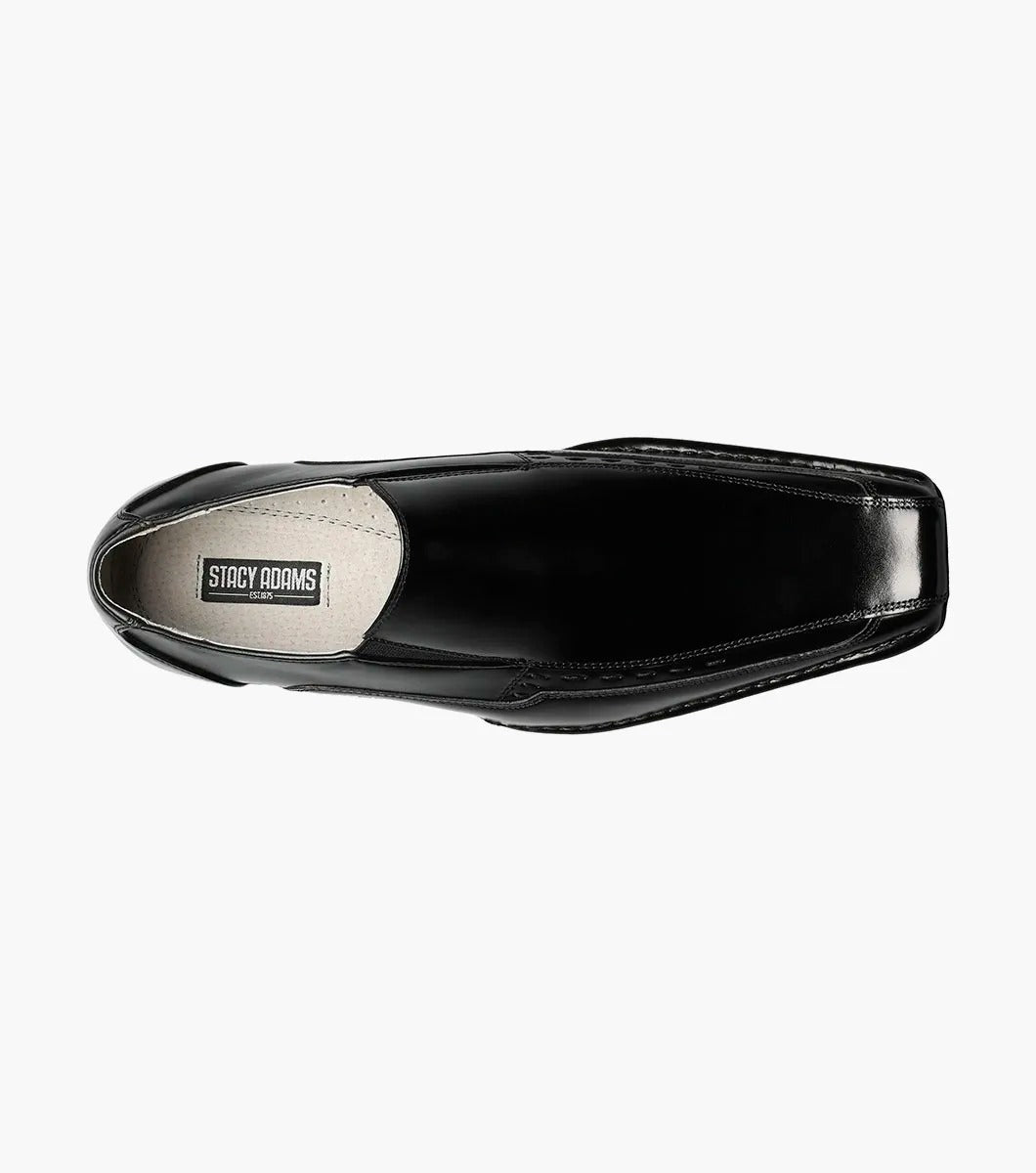 The Stacy Adams - TEMPLIN Bike Toe Loafer in black, designed by STACY ADAMS and identified with model number 24507-001, is a genuine leather shoe boasting a shiny finish and subtle stitching details. It features a cushioned insole for ultimate comfort and is showcased on a plain white background.