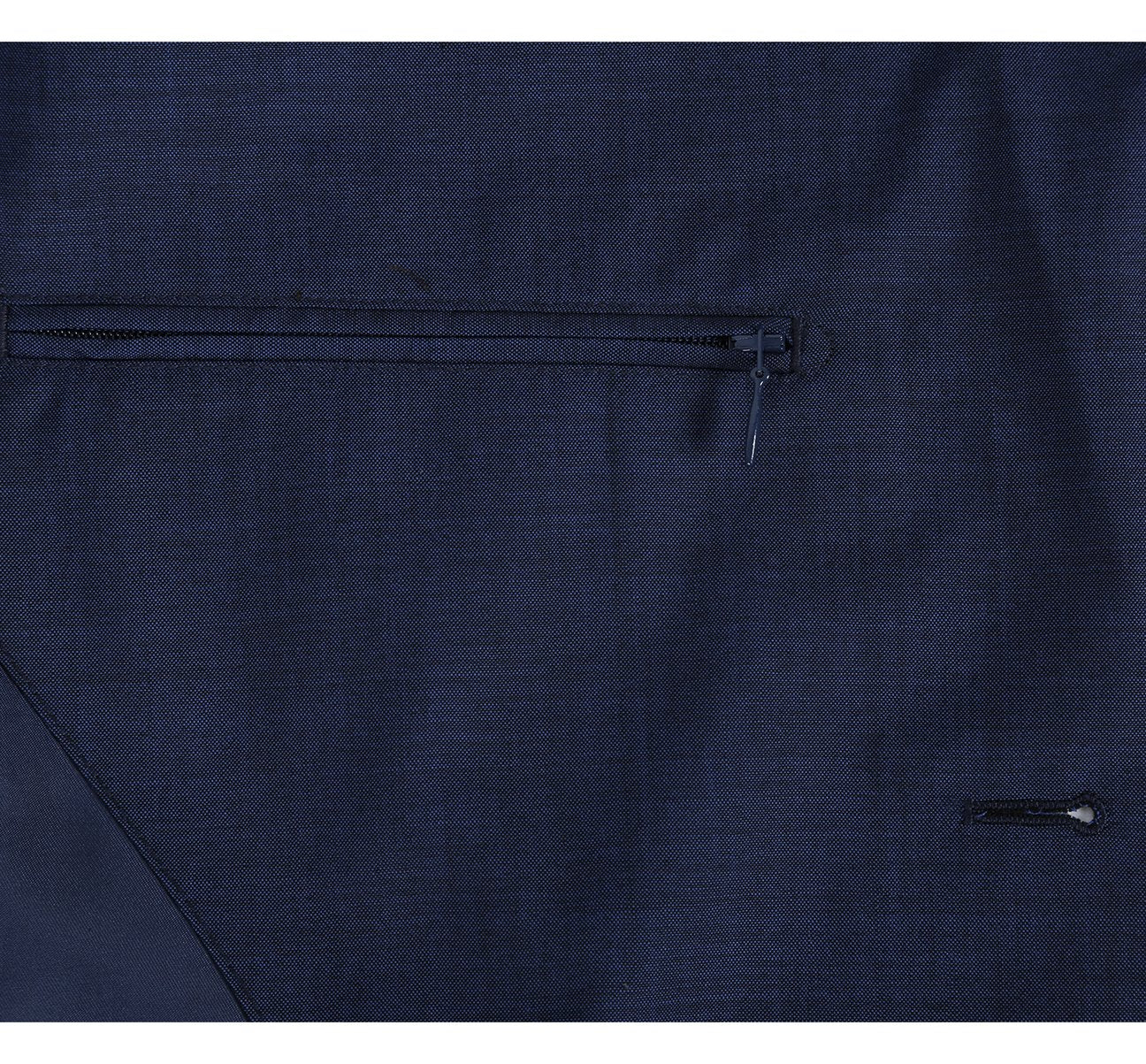 The Pellagio Navy Slim Fit Travel Suit, featuring a suit jacket and matching trousers with anti-microbial properties, nature stretch, and wrinkle resistance, showcased on a white background.