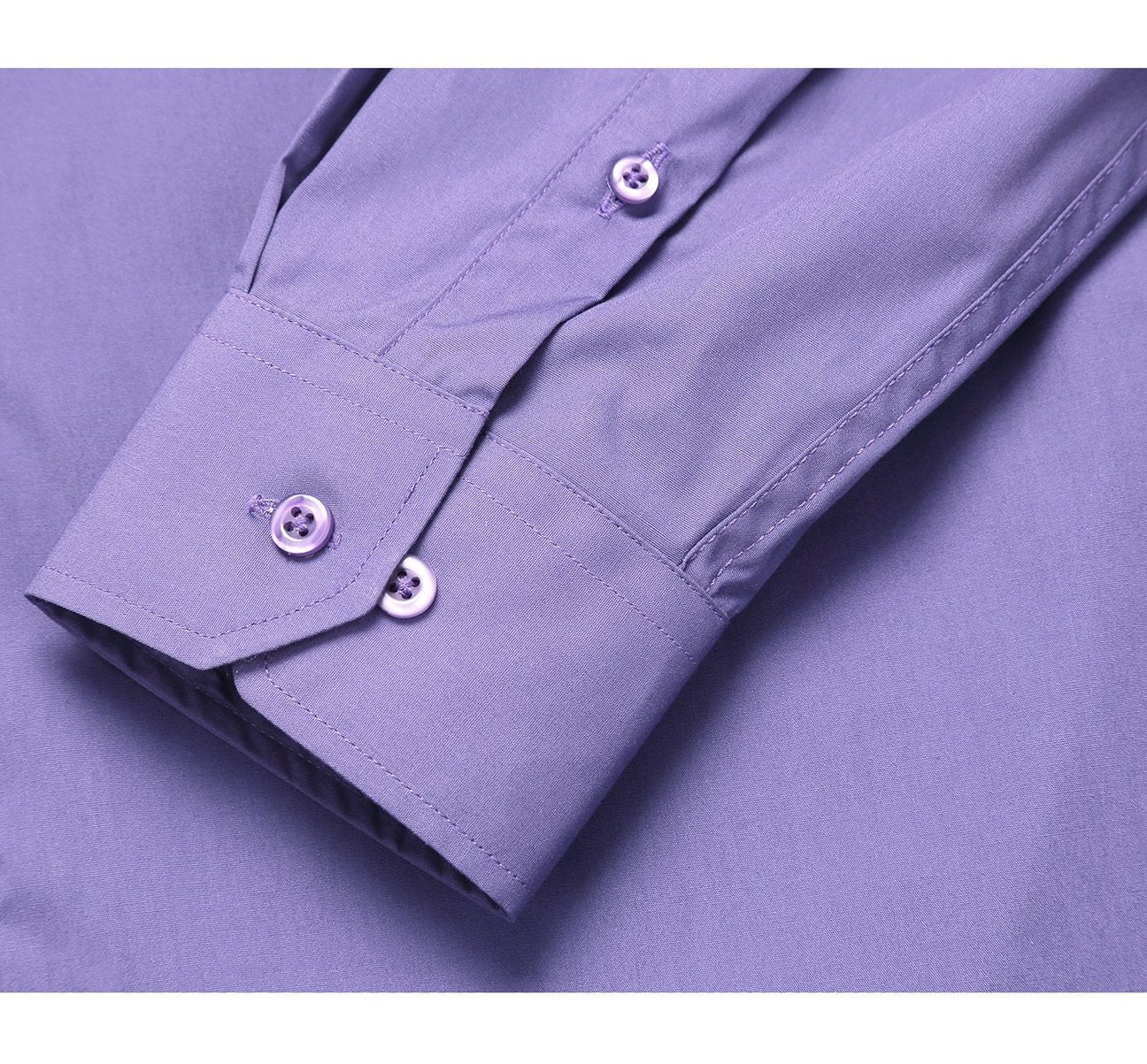 The Renoir VERNO Lavender Dress Shirt, model TC624, offers a Classic/Regular Fit and features long sleeves with a spread collar and button cuffs. A detailed close-up accentuates the fabric texture, making it perfect for formal attire.